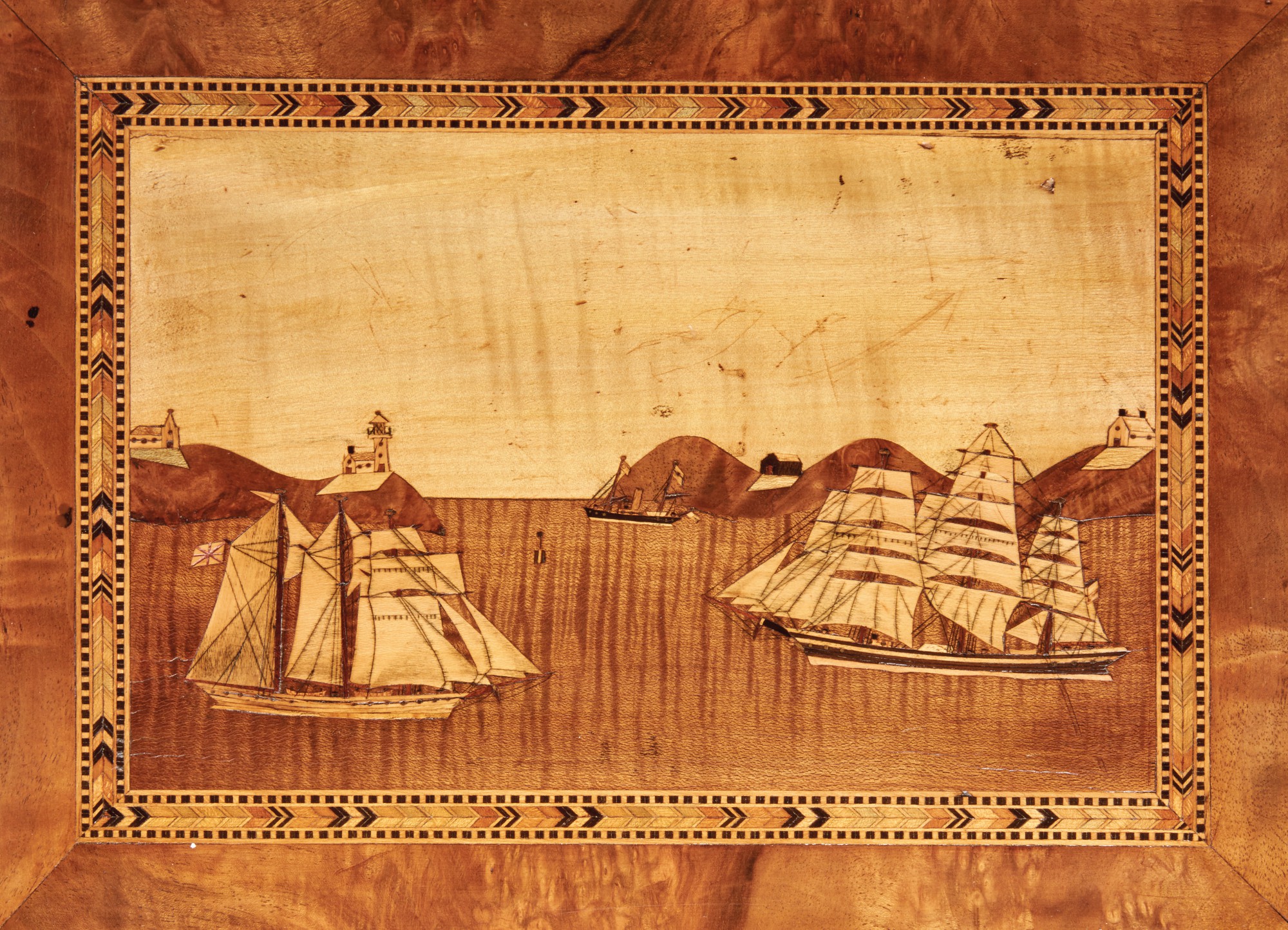 Regency Burlwood and Pictorial Inlaid 'Trinity House' Box, circa 1860 Vineyard Dreams