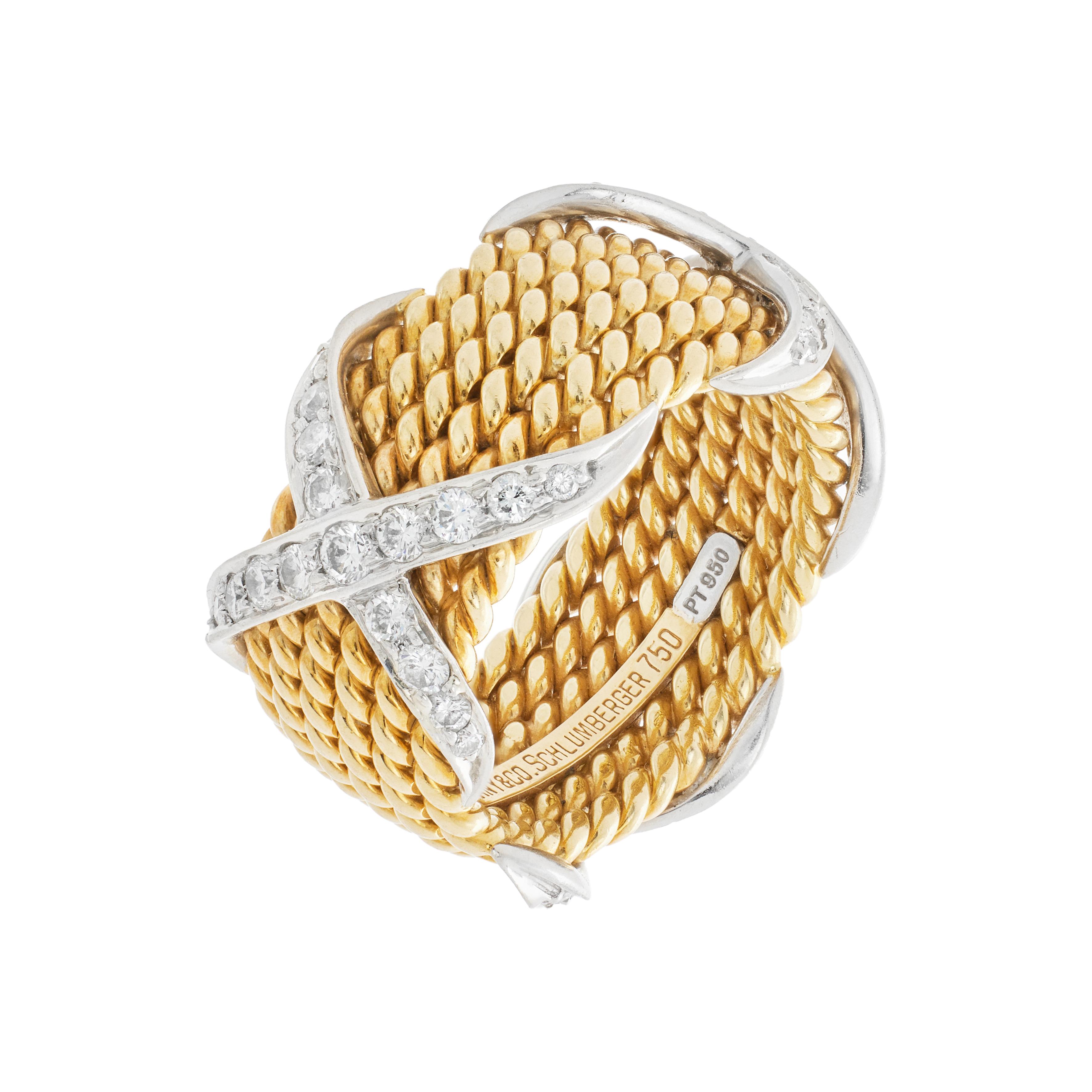 Tiffany & Co. Gold, Platinum And Diamond Rope Six Row X Band Ring