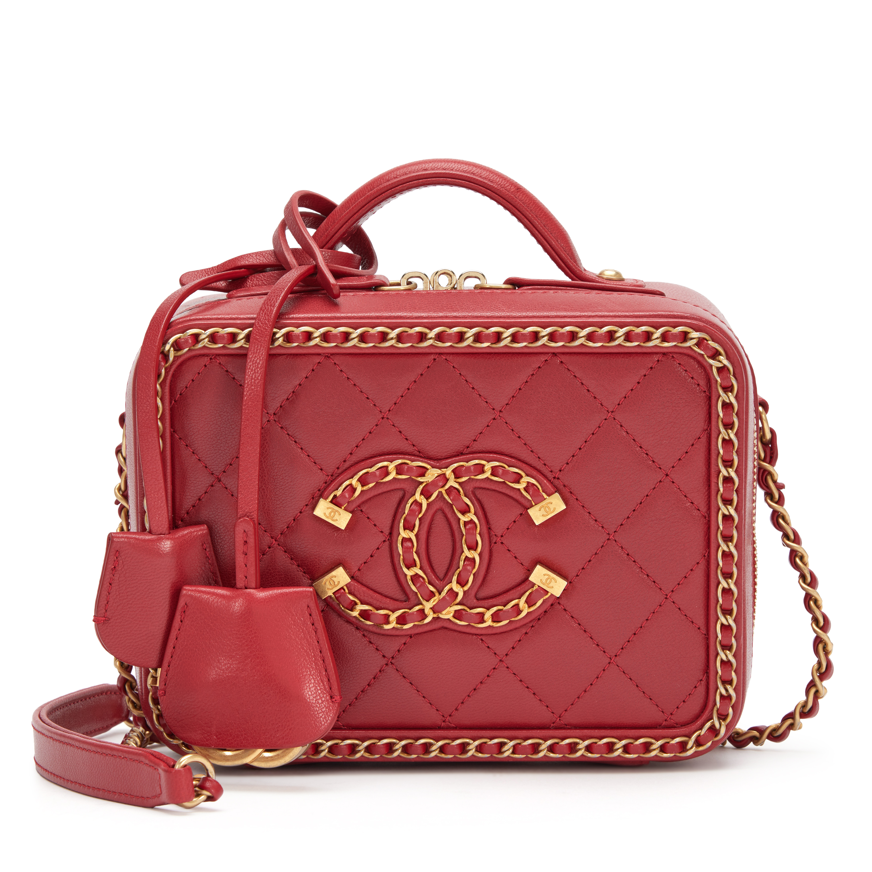 Chanel Red Quilted Goatskin Small CC Filigree Chain Around Vanity Chanel Red Quilted Goatskin Small CC Filigree Chain Around Vanity