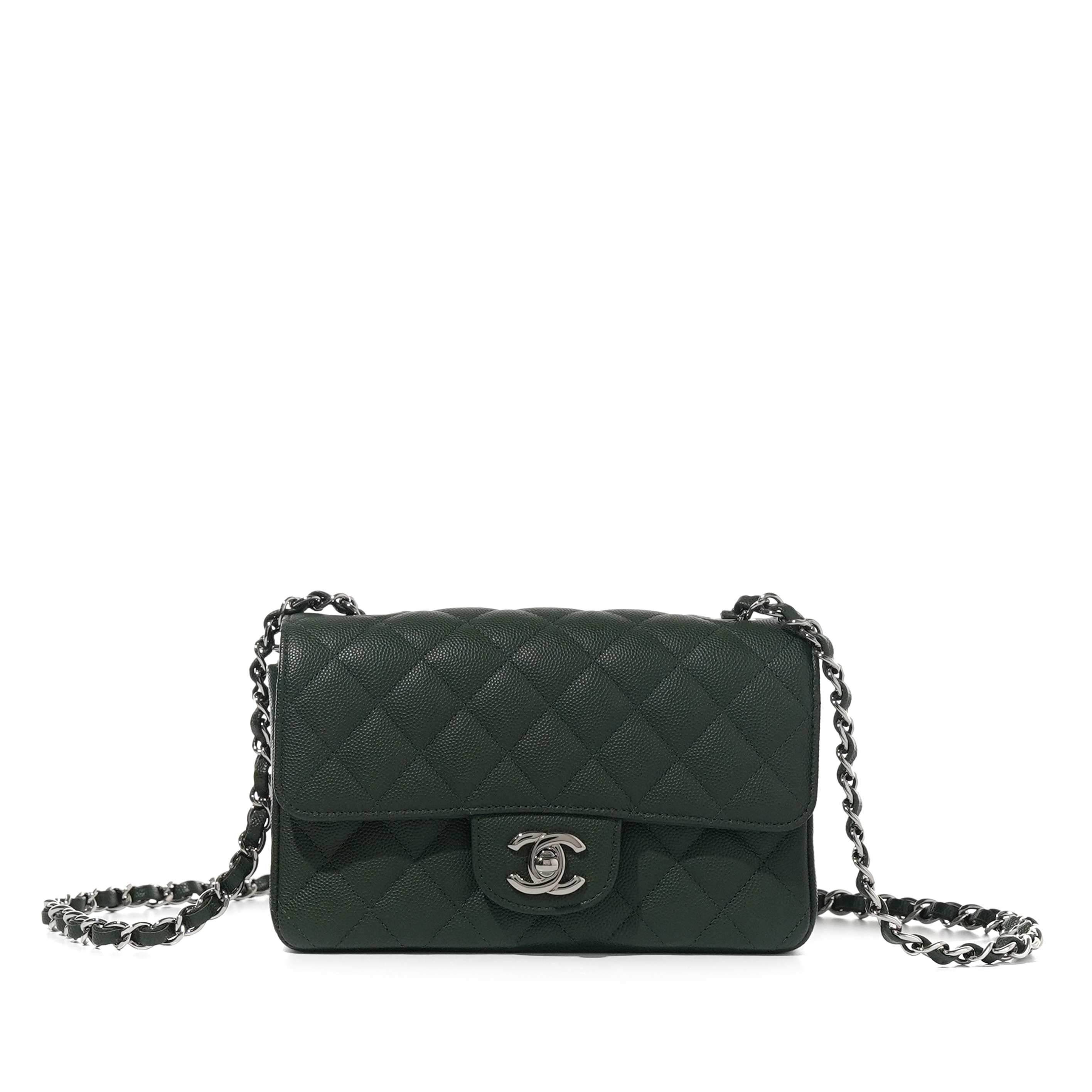Chanel Dark Green Quilted Caviar Classic Flap Mini Square Silver