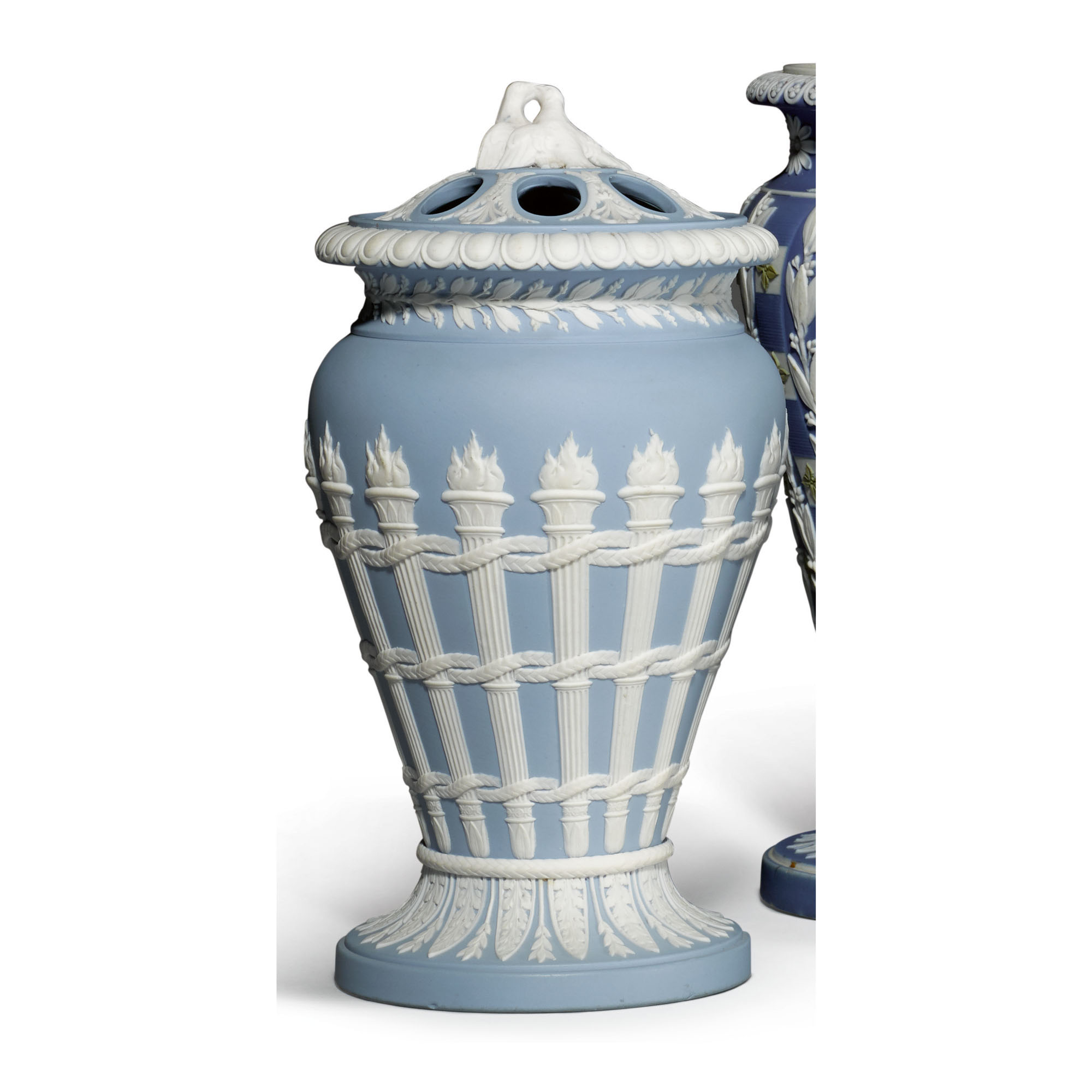 A WEDGWOOD BLUE AND WHITE JASPERWARE VASE AND PIERCED COVER CIRCA 1800