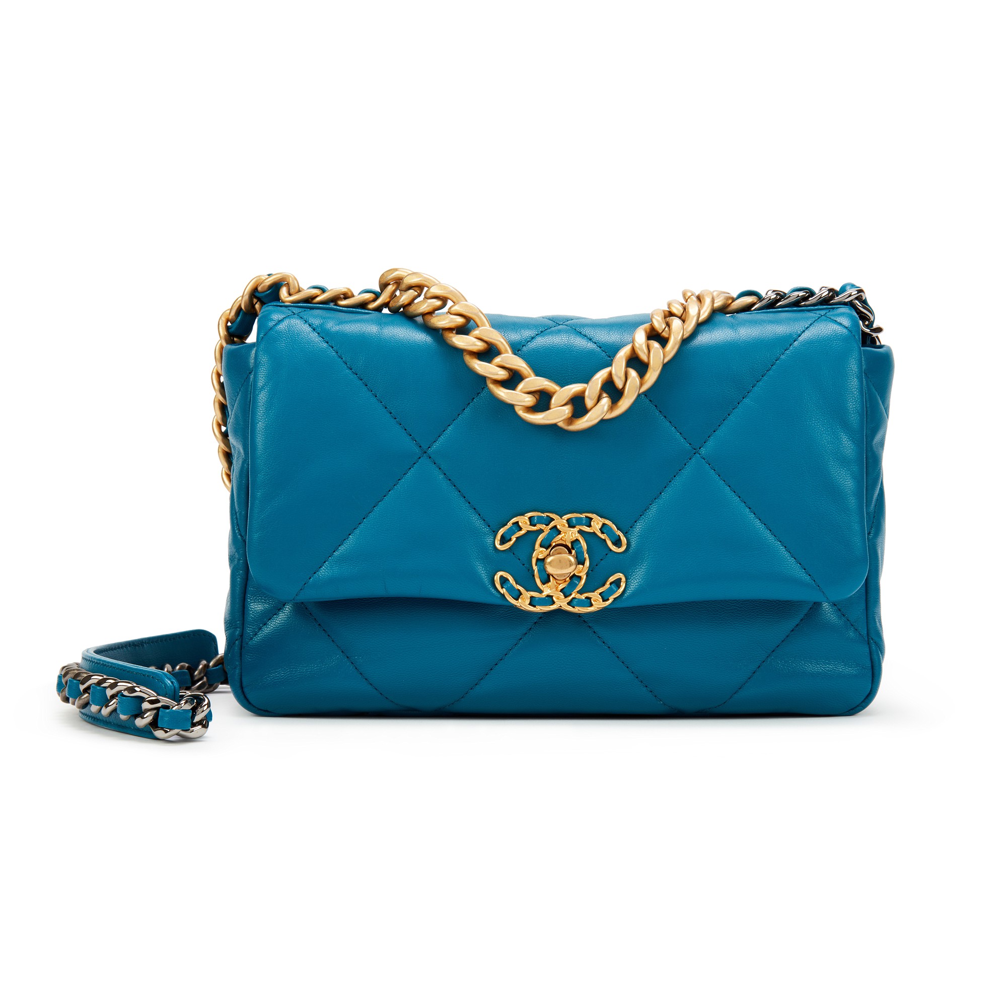 Chanel Turquoise Quilted Lambskin Medium 19 Flap Gold