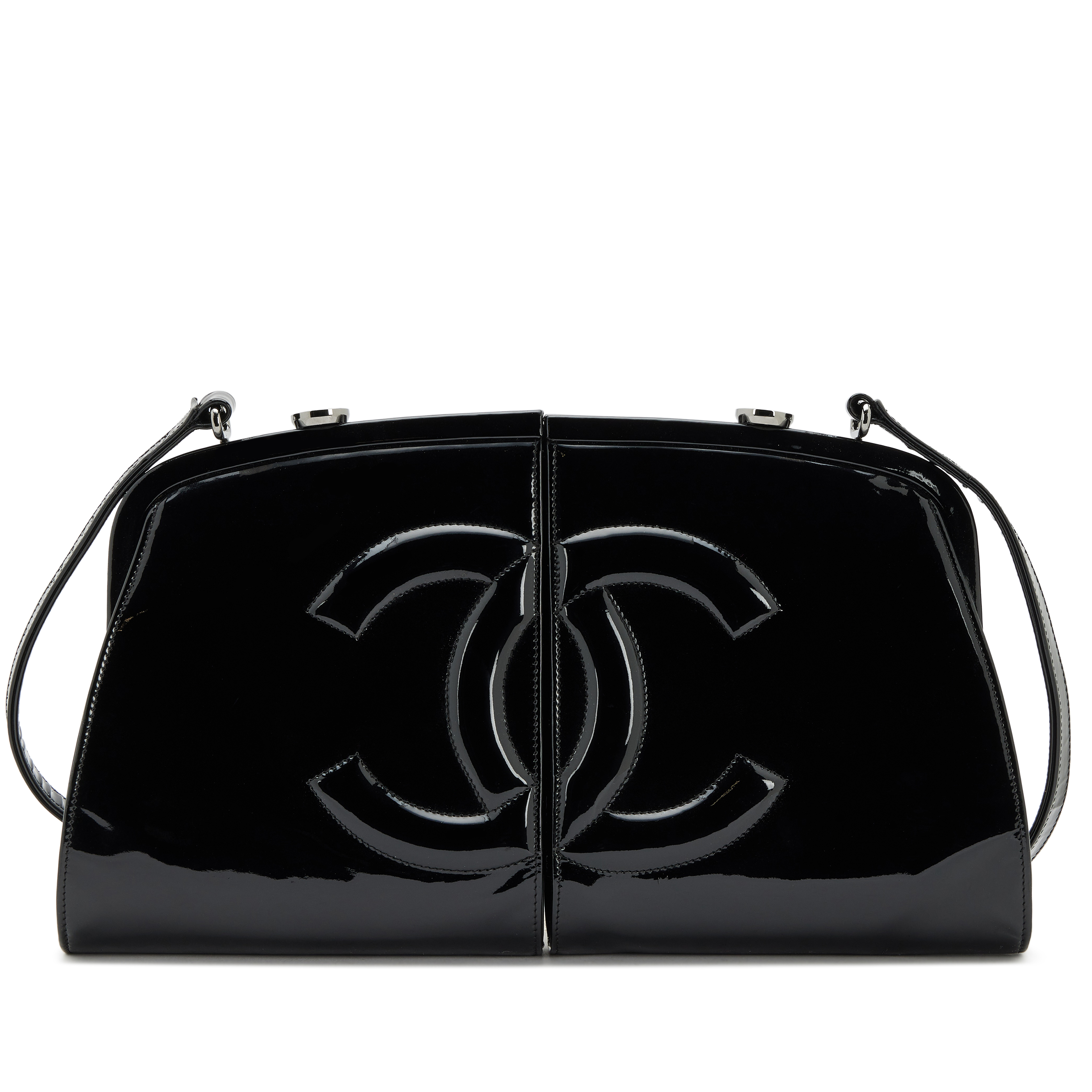 Chanel Black Patent Double Split Frame Bag Ruthenium Hardware