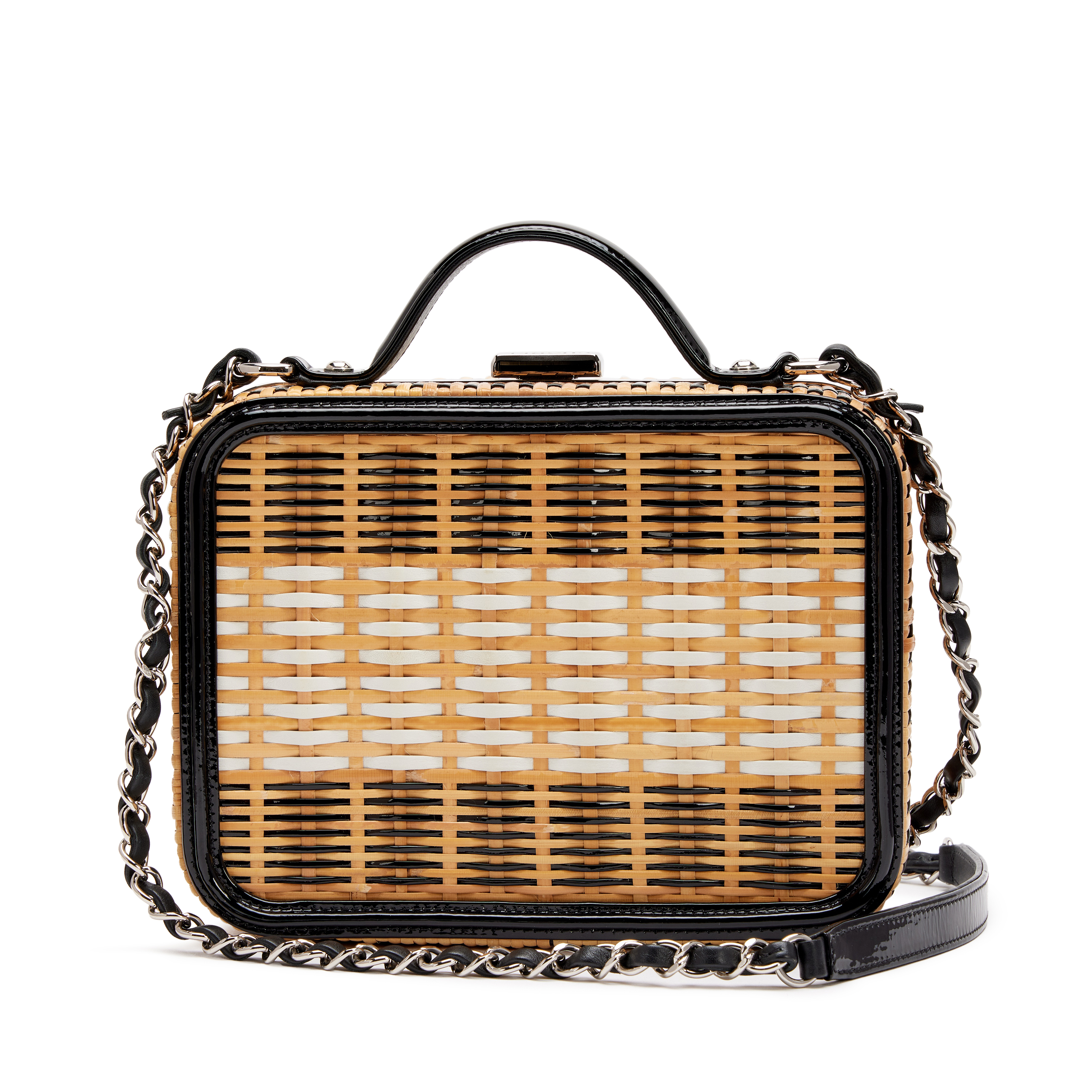 Chanel Black Patent Leather And Natural Rattan Wicker CC Filigree