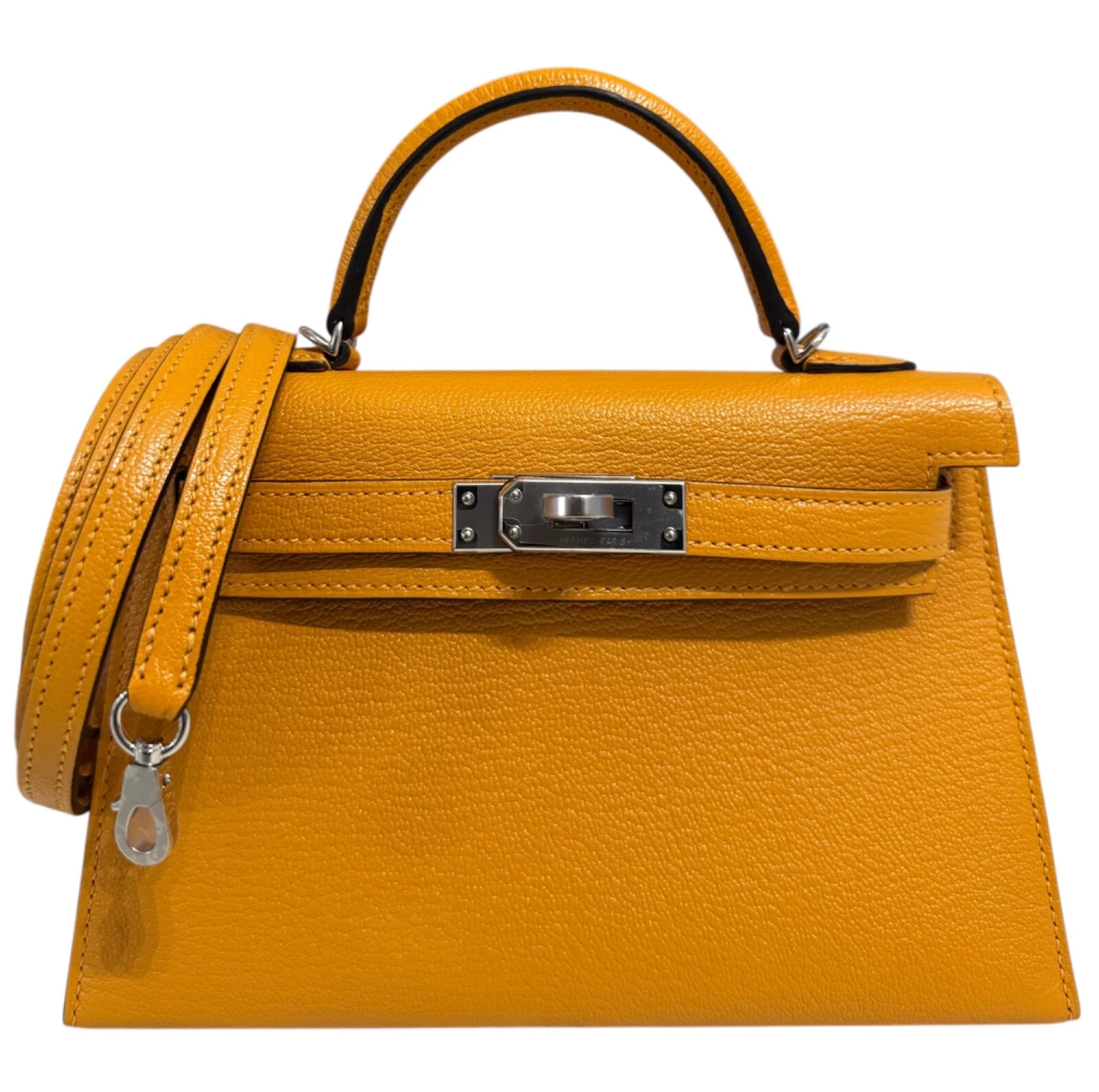 Hermès Moutarde Chèvre Mysore Mini Kelly 20 II Palladium Hardware