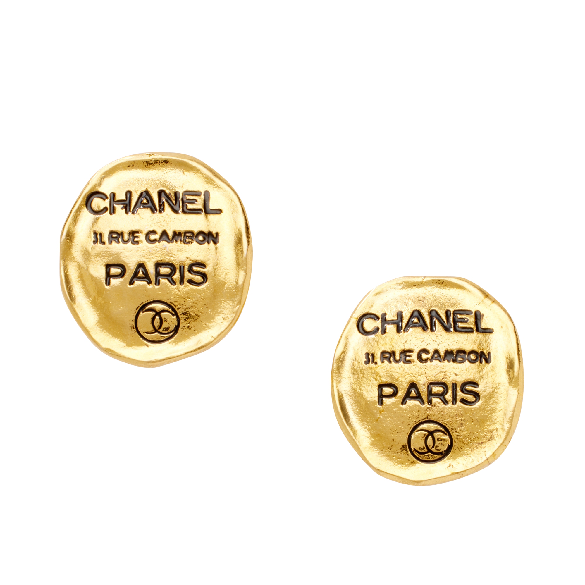 Chanel Vintage Gold Metal 31 Rue Cambon Paris Earrings, 1980s