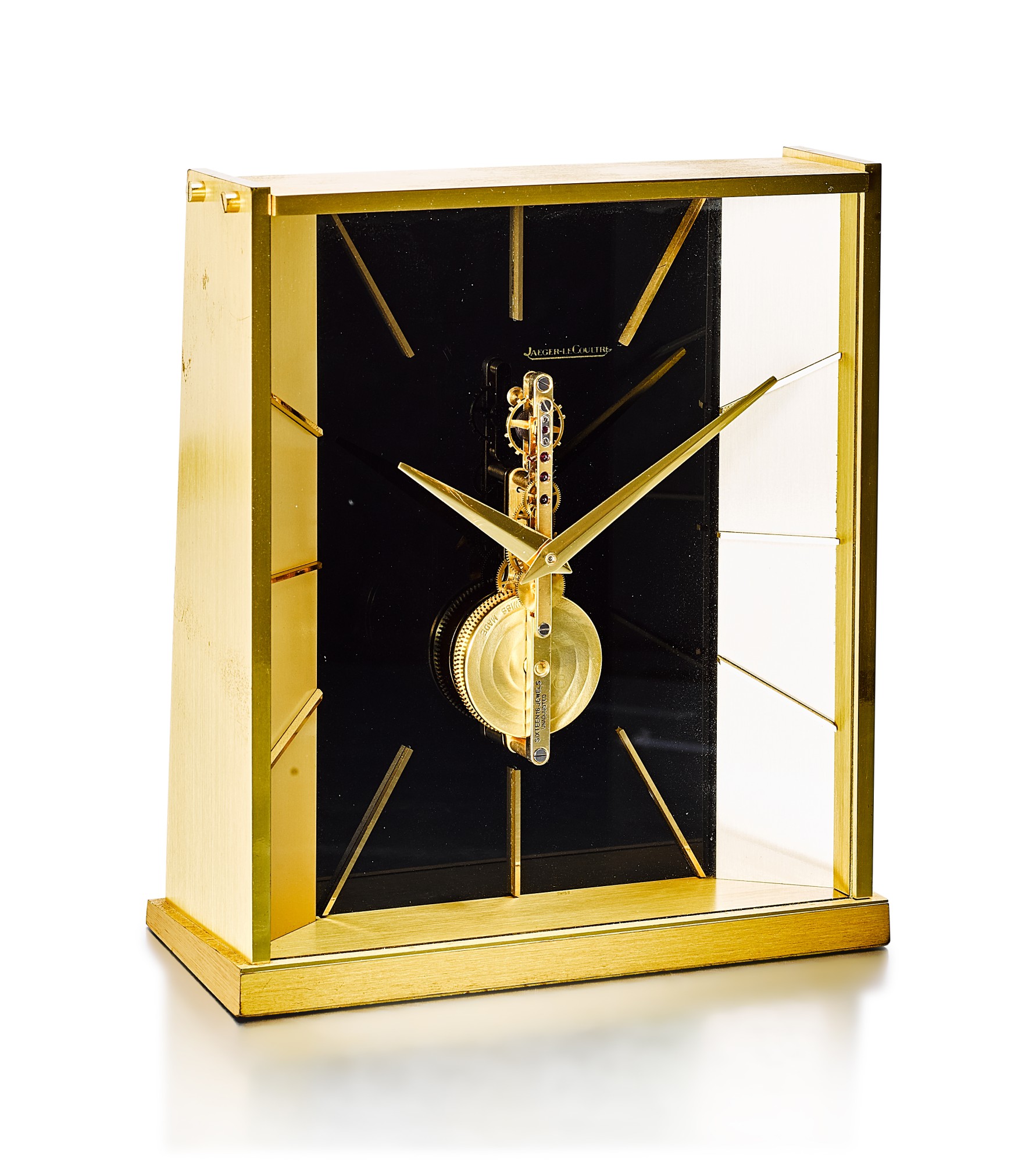 JAEGER LECOULTRE A GILT BRASS TABLE CLOCK WITH 8 DAYS POWER RESERVE 