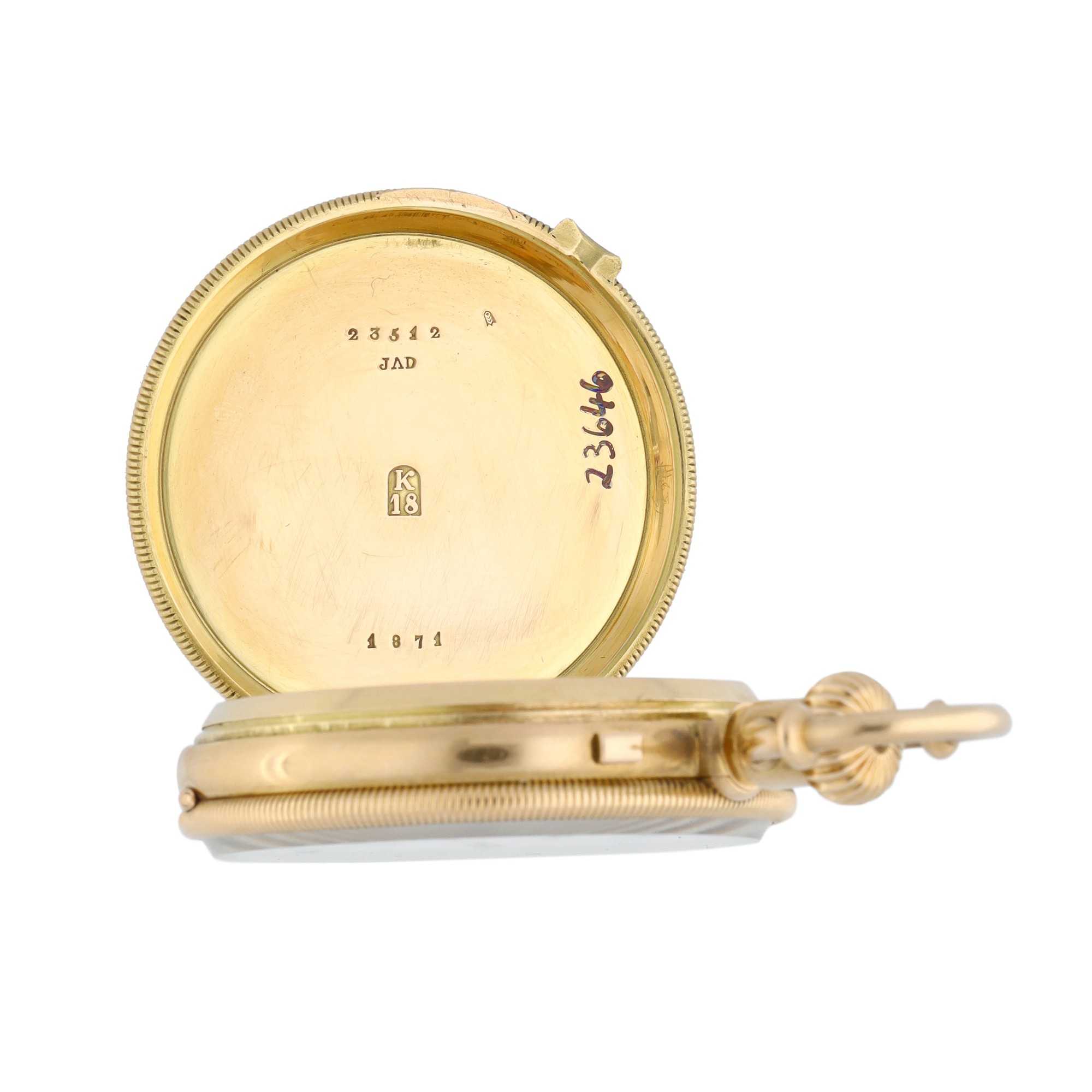 No. 1871 A gold openfaced keyless lever watch engraved with hunting