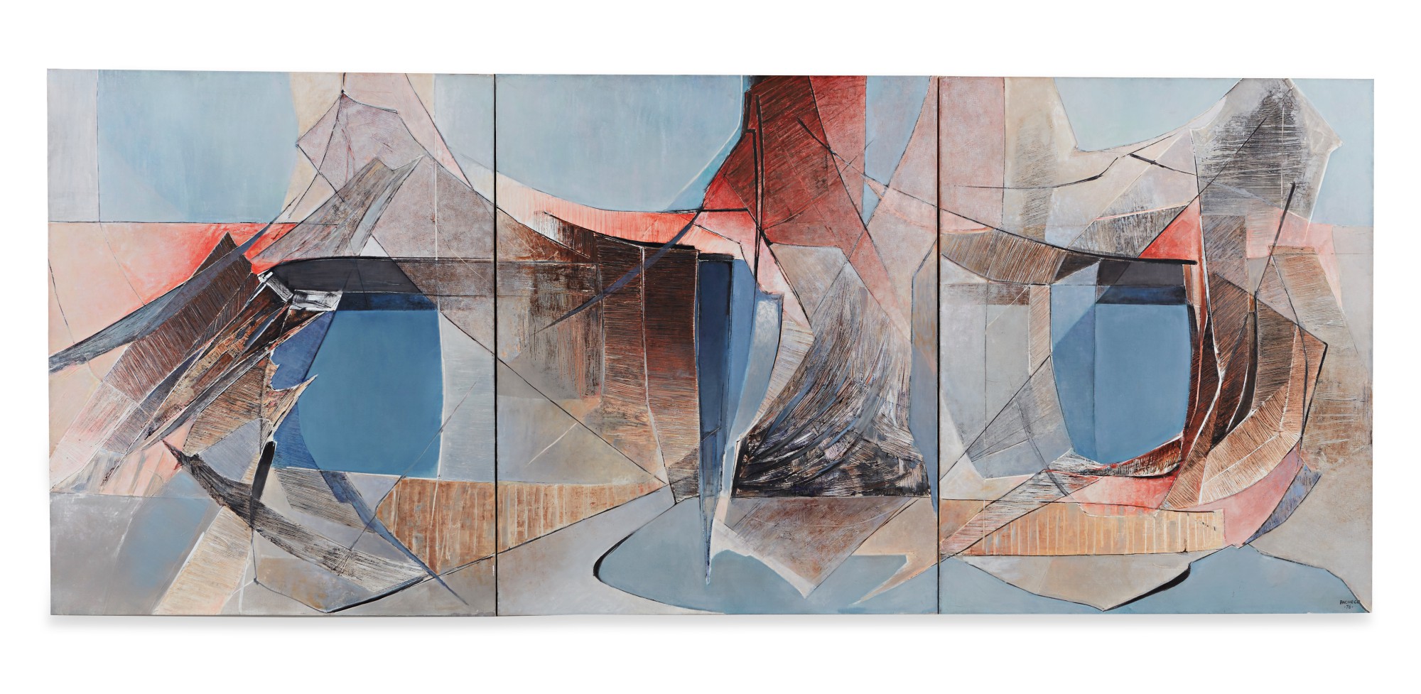 María Luisa Pacheco, Megalith (Triptych), 1976: composición abstracta de tres paneles con planos azules, rosados, grises y terrosos