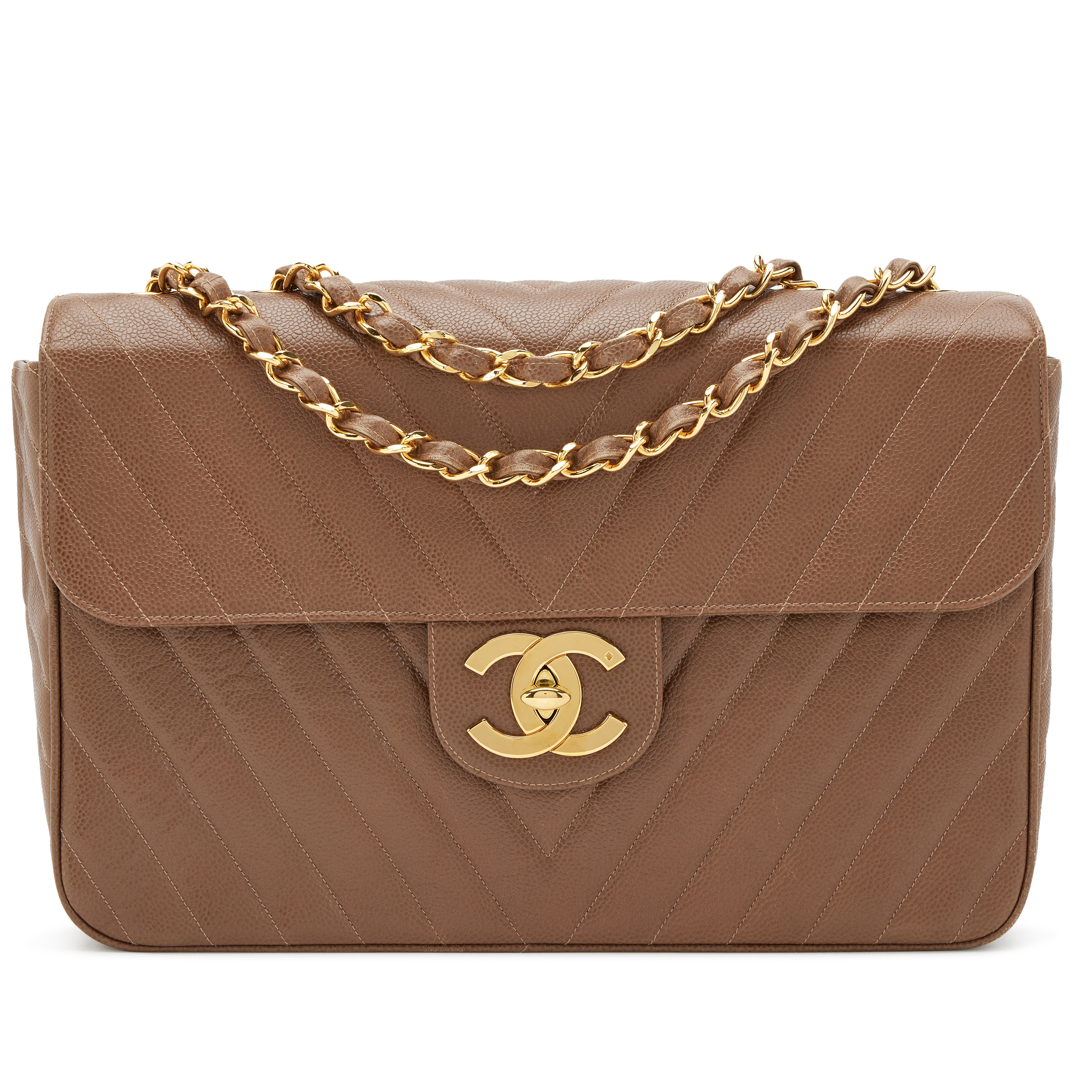 ヴィンテージCHANEL ブラウン　カメリア　コサージュ Chanel Vintage Taupe Brown Chevron Caviar Maxi Jumbo XL Classic