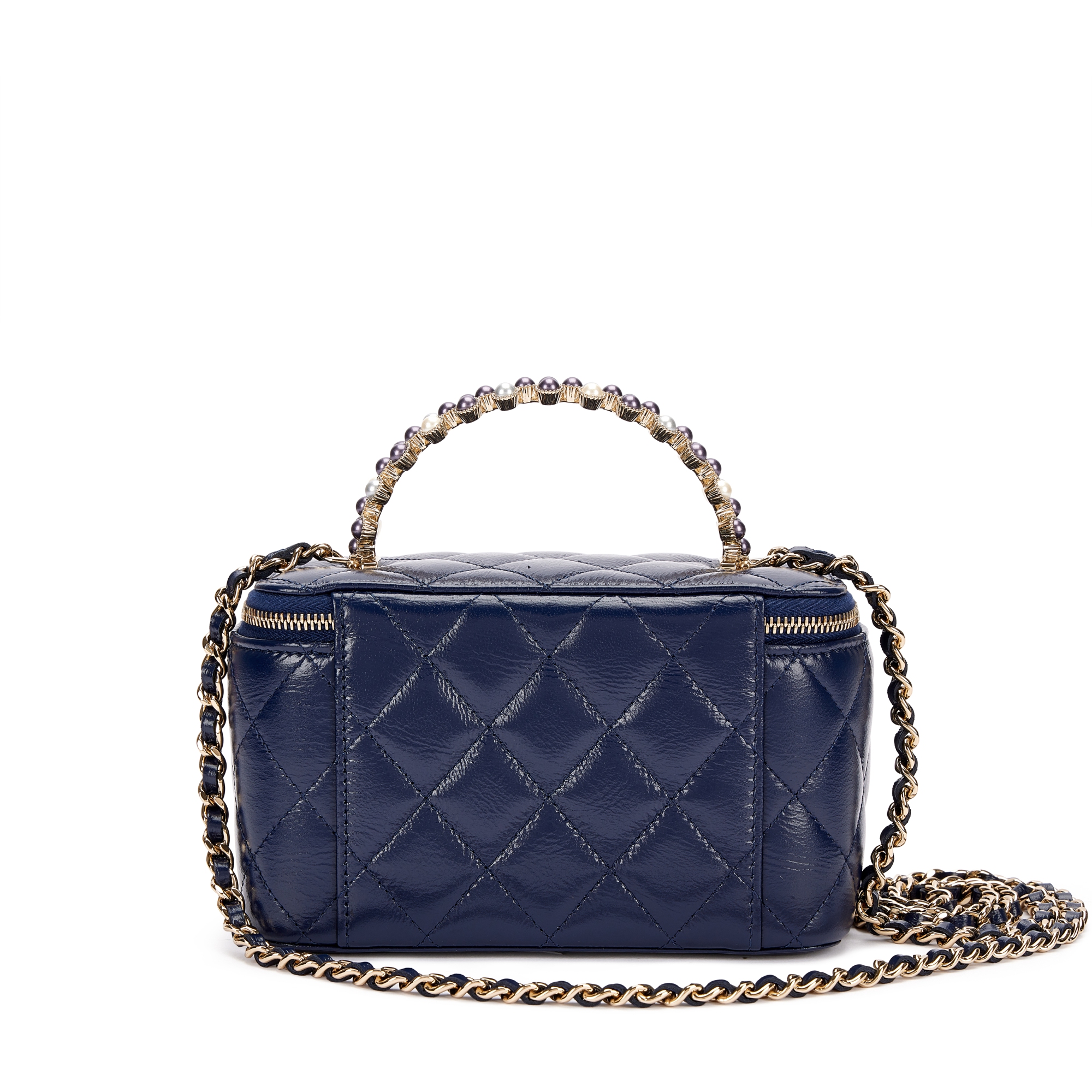 Chanel Navy Quilted Aged Calfskin And Imitation Pearl Top