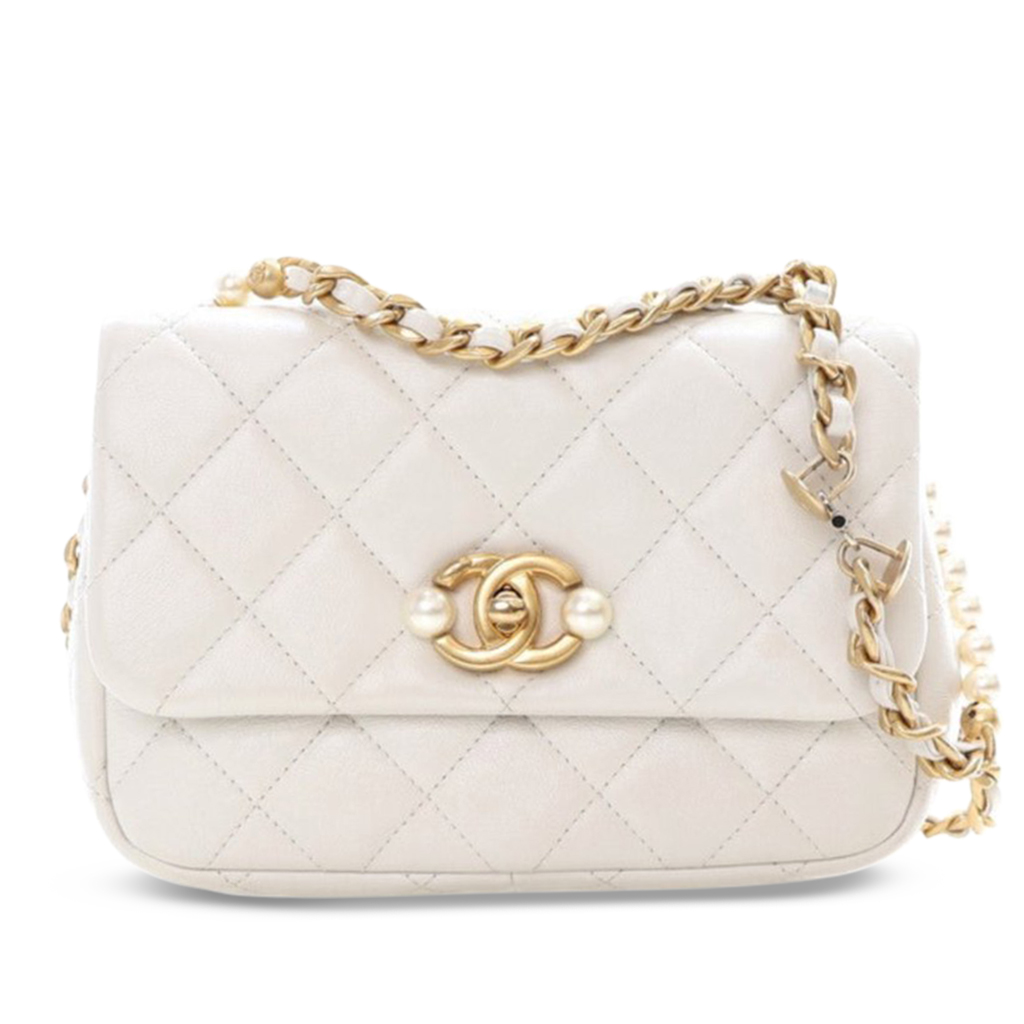 Chanel White Quilted Calfskin CC Pearl Section Mini Flap Bag Aged