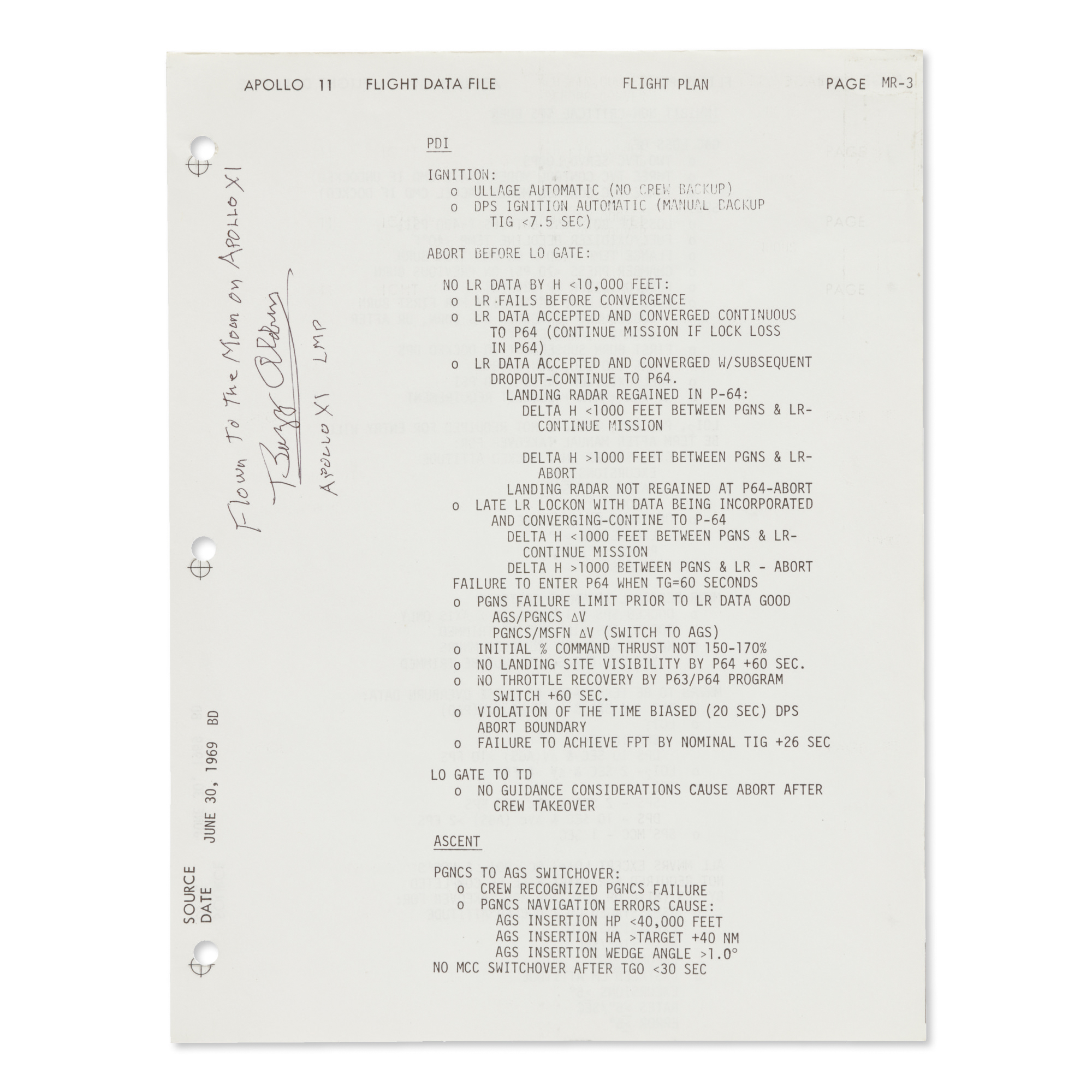 [APOLLO 11]. "MISSION RULES SUMMARY"—2 FLOWN PAGES FROM THE APOLLO 11