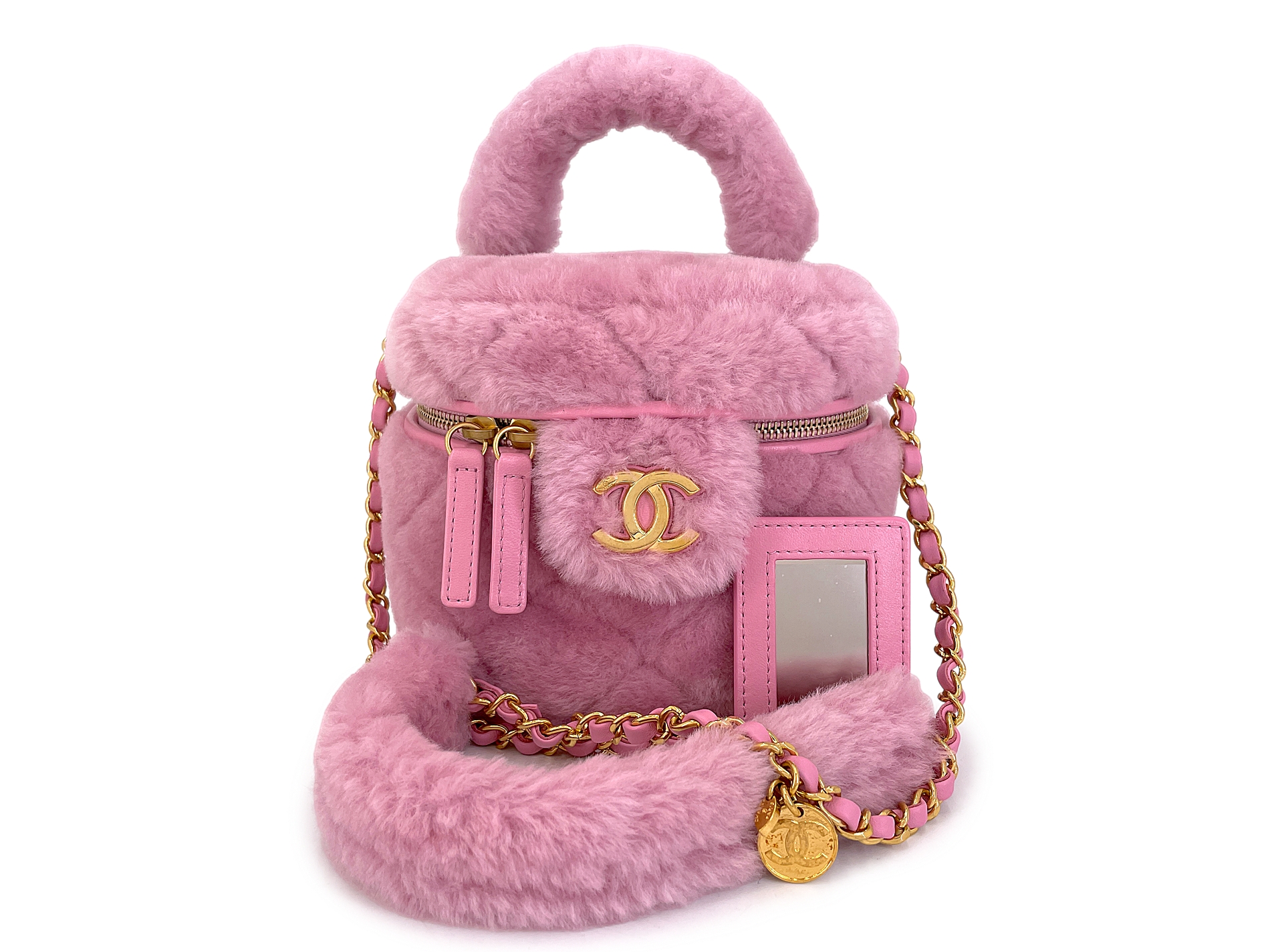 Chanel Pink Shearling Mini Vanity Case Gold Hardware, 2022
