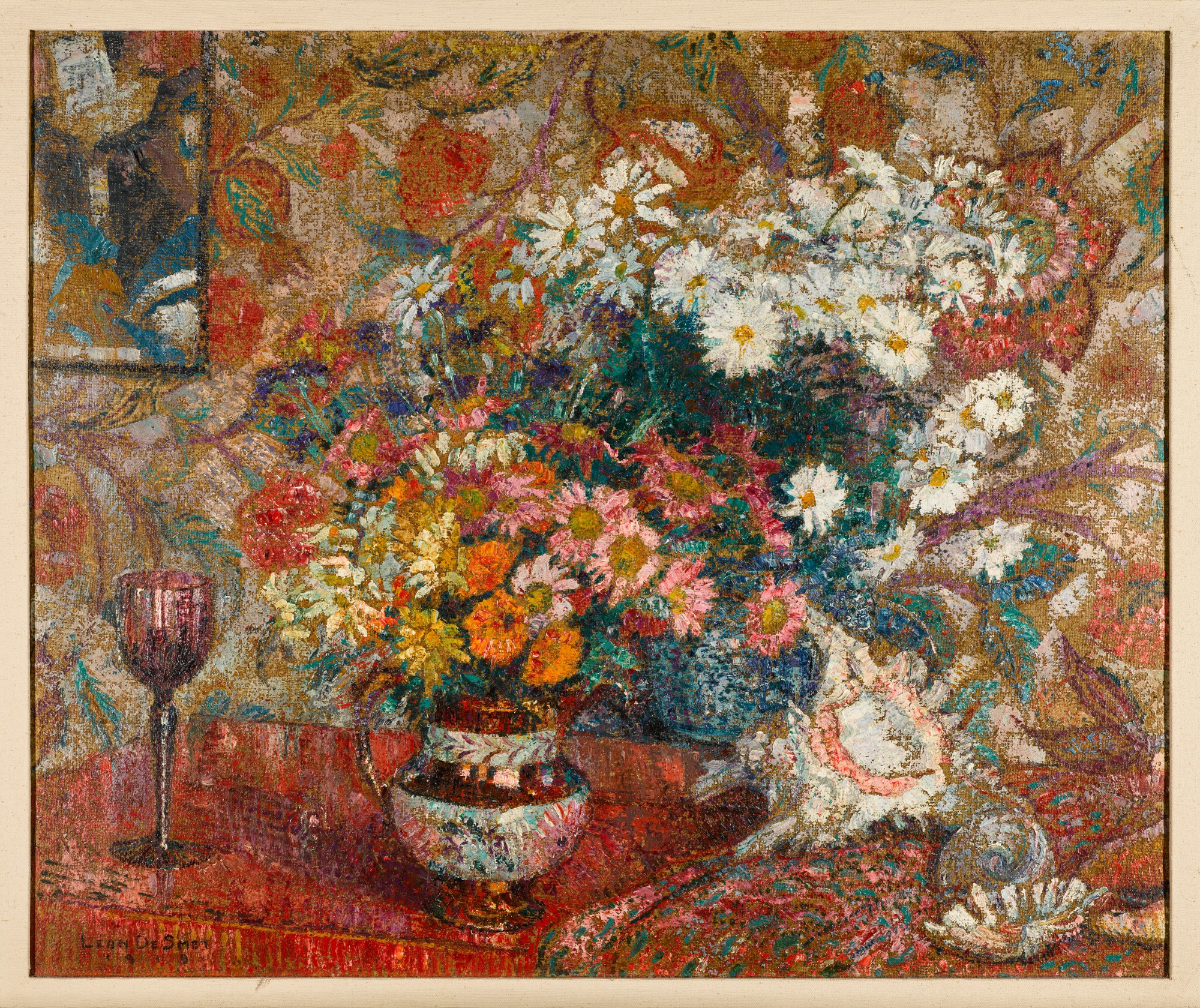 Tableau Peinture à L'huile - Nature Morte Bouquet De Fleurs (coquelicots, Genêts) - Signé Raymond Goubert