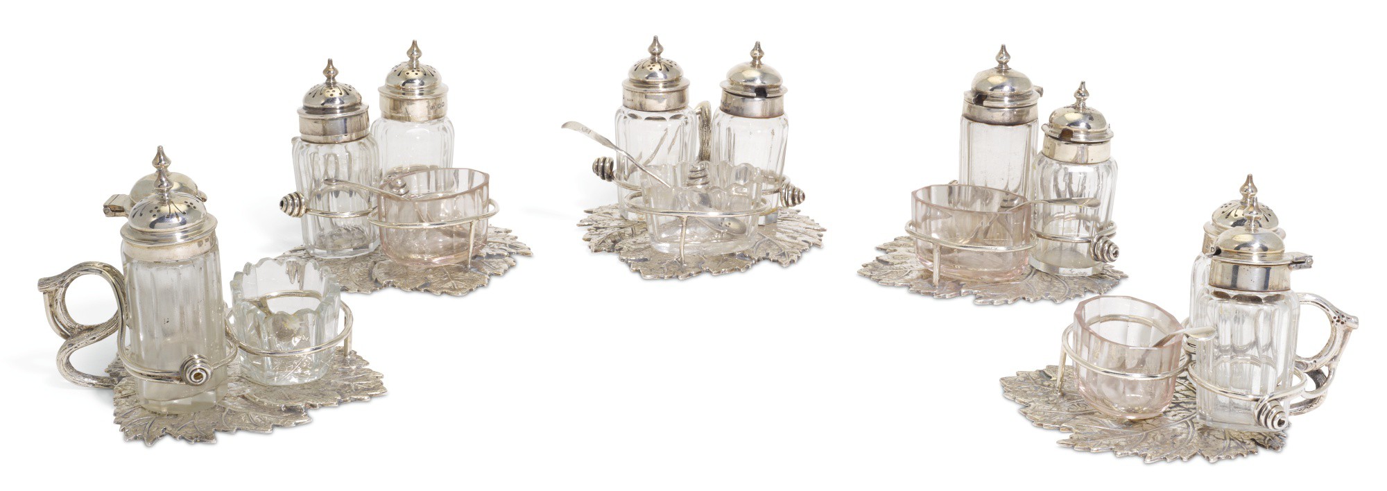 FIVE EDWARDIAN NOVELTY SILVER 'LEAF' CONDIMENT SETS, CHARLES BOYTON