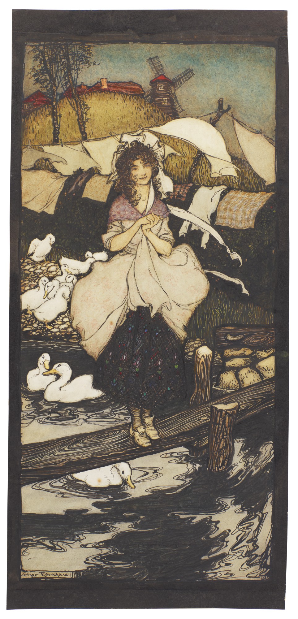Rackham, Girl with Ducks, original watercolour English Literature