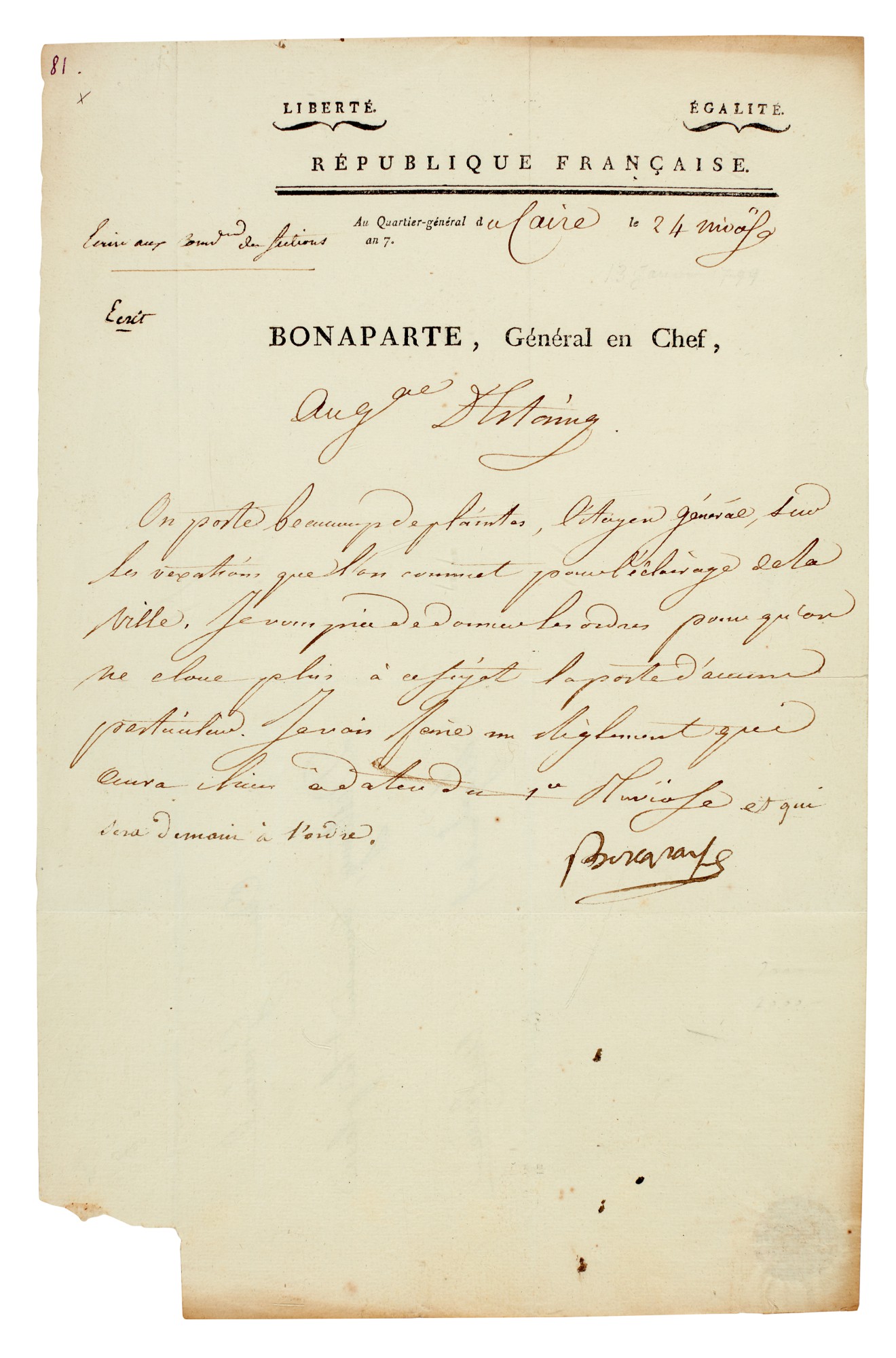 NAPOLEON I letter signed ("Bonaparte"), as CommanderinChief in