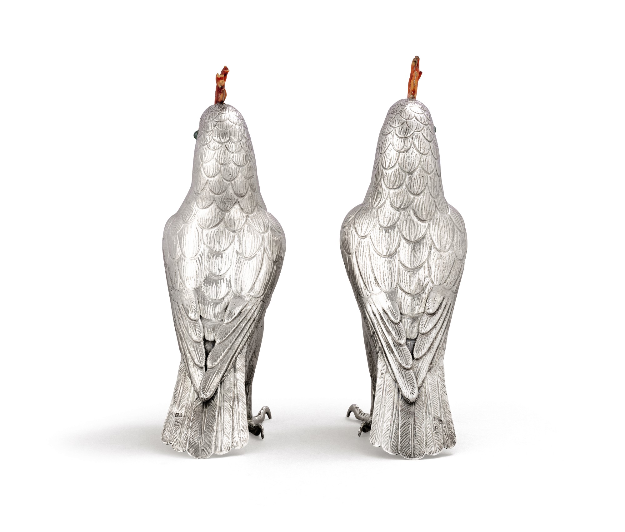 A pair of Portuguese silver and horn cockatoos with rock crystal