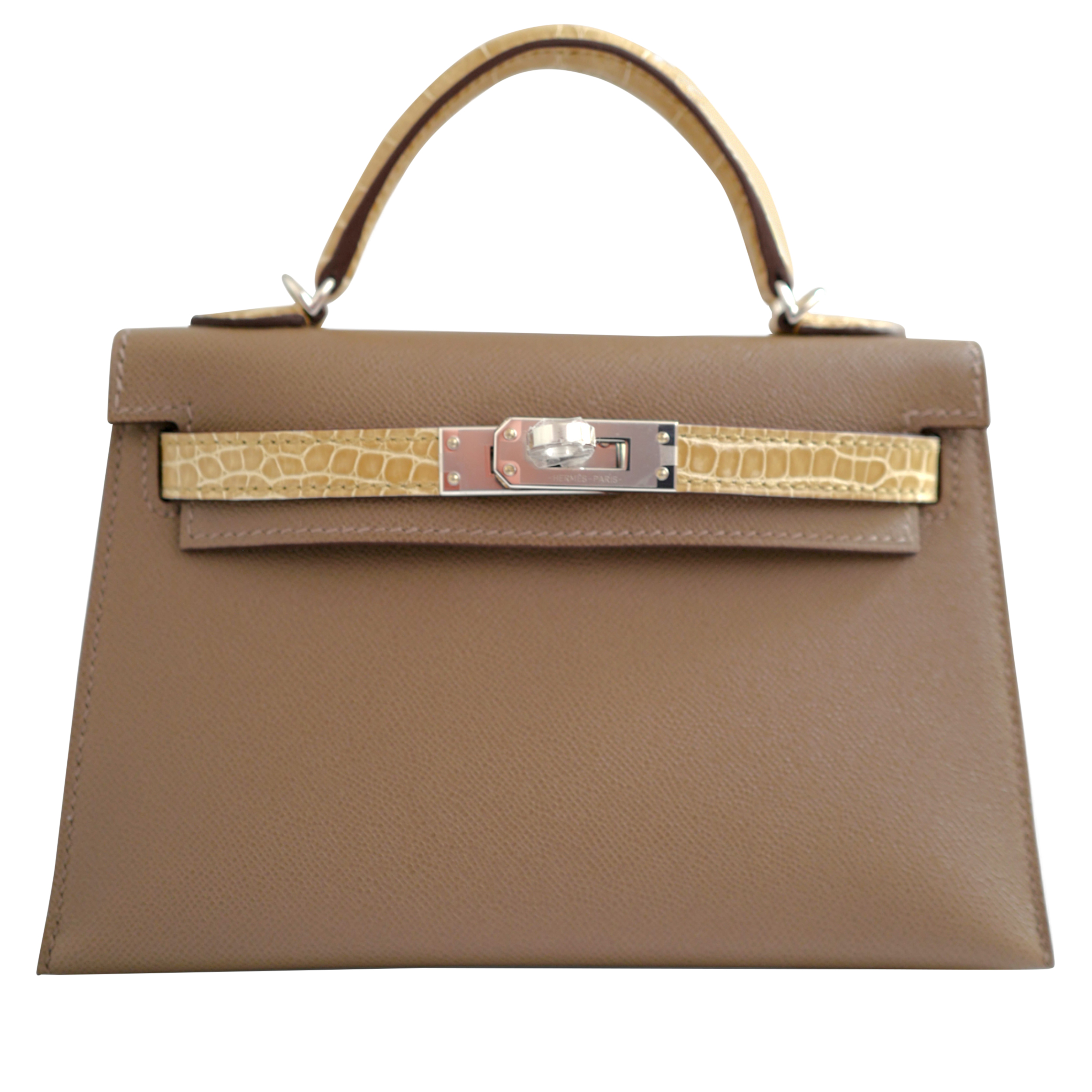 Hermès Etoupe Madame And Sable Shiny Alligator Touch Mini Kelly 20