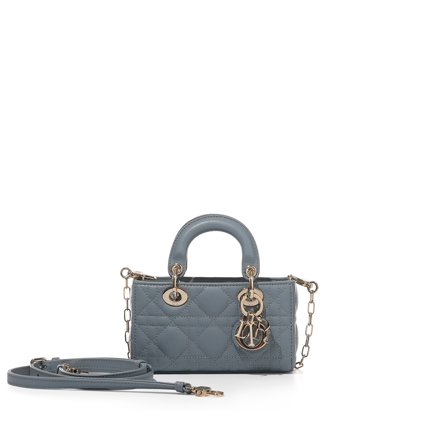 Christian Dior Blue Grey Lambskin Micro Lady D-Joy Bag Pale Gold