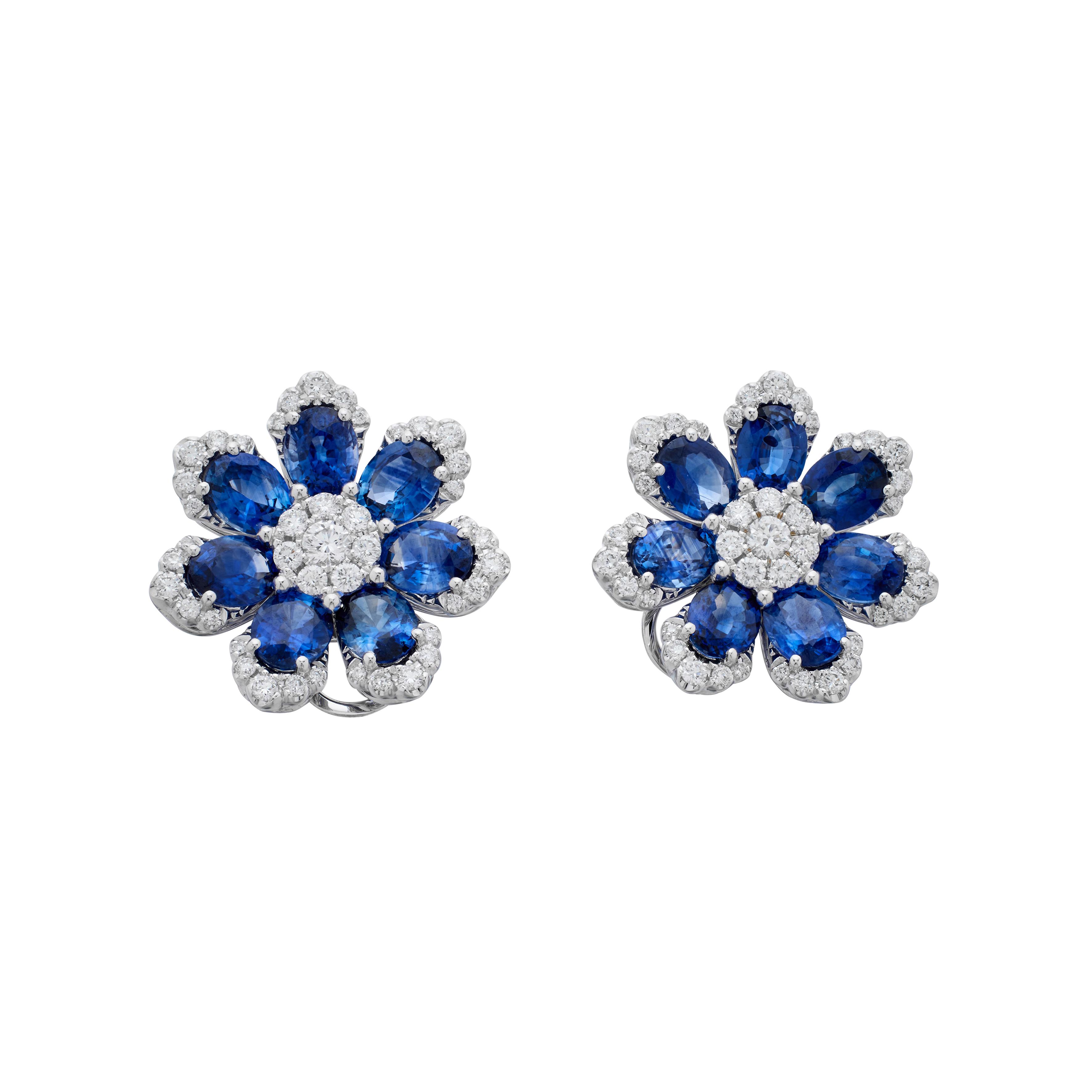 White Gold, Sapphire And Diamond Floral Earrings Available