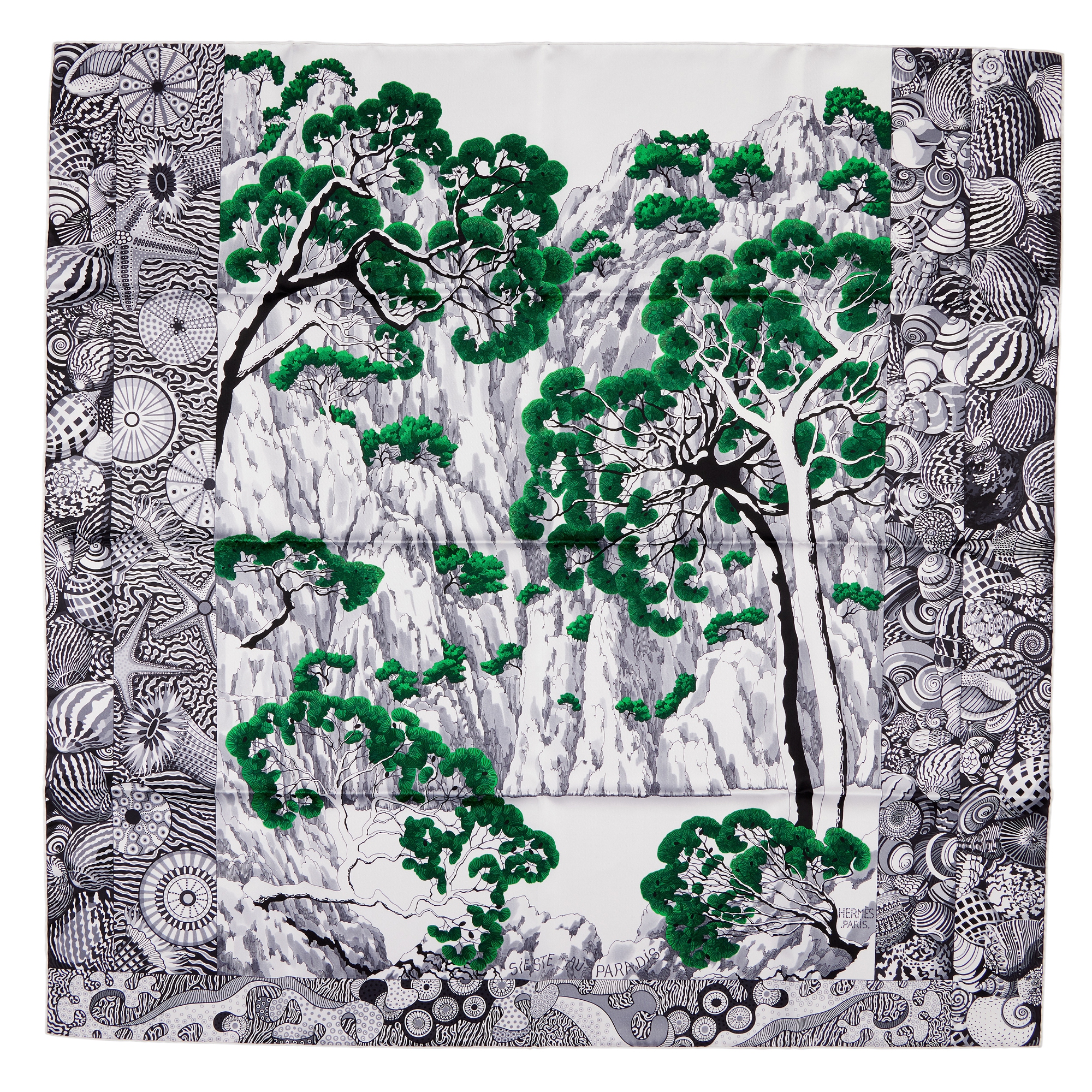 Hermès Black, White, Grey And Green Silk Sieste Au Paradis Scarf