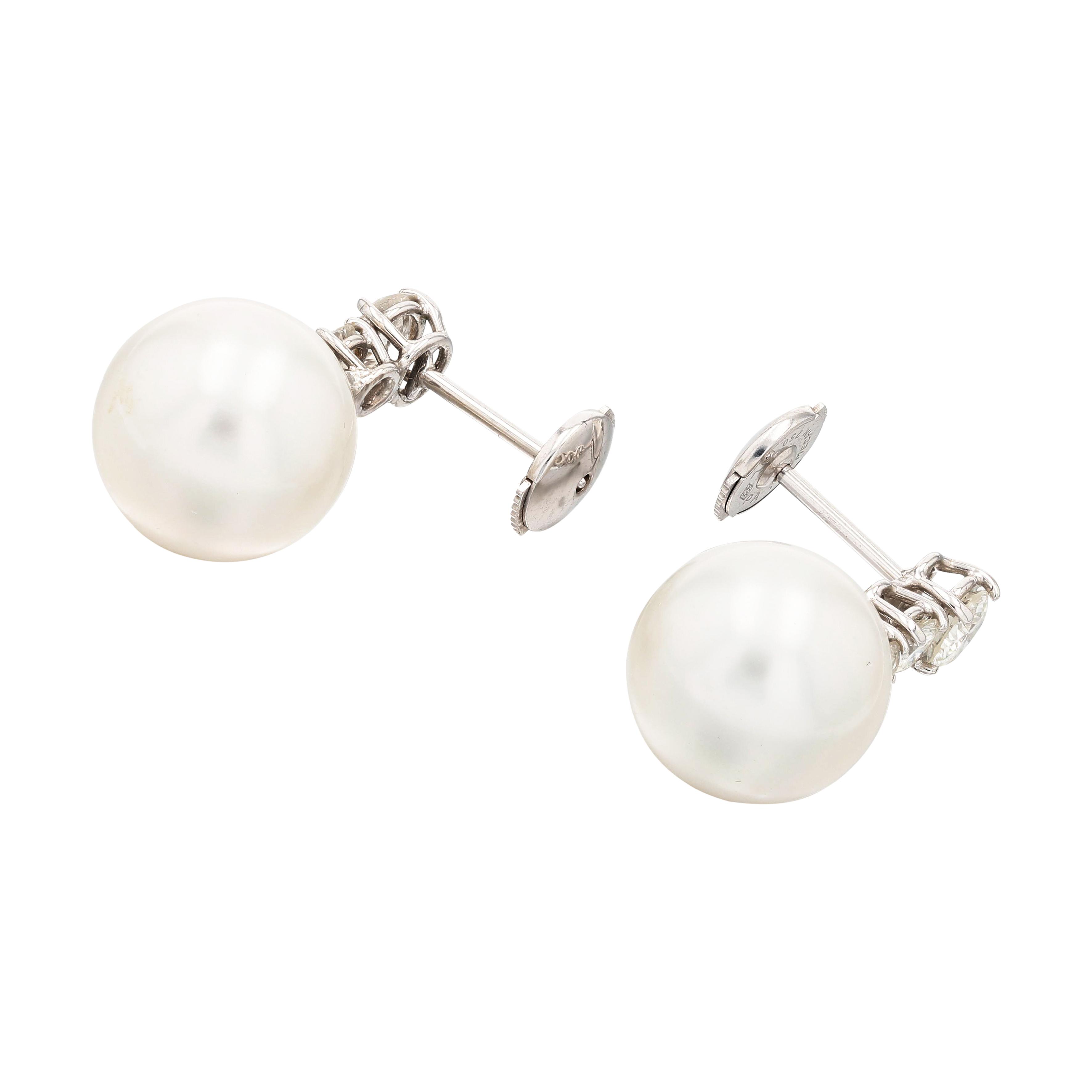 Boucles D'Oreilles Vintage Or Blanc, Diamants & Perles - Années 40 Espagne - Excellent État