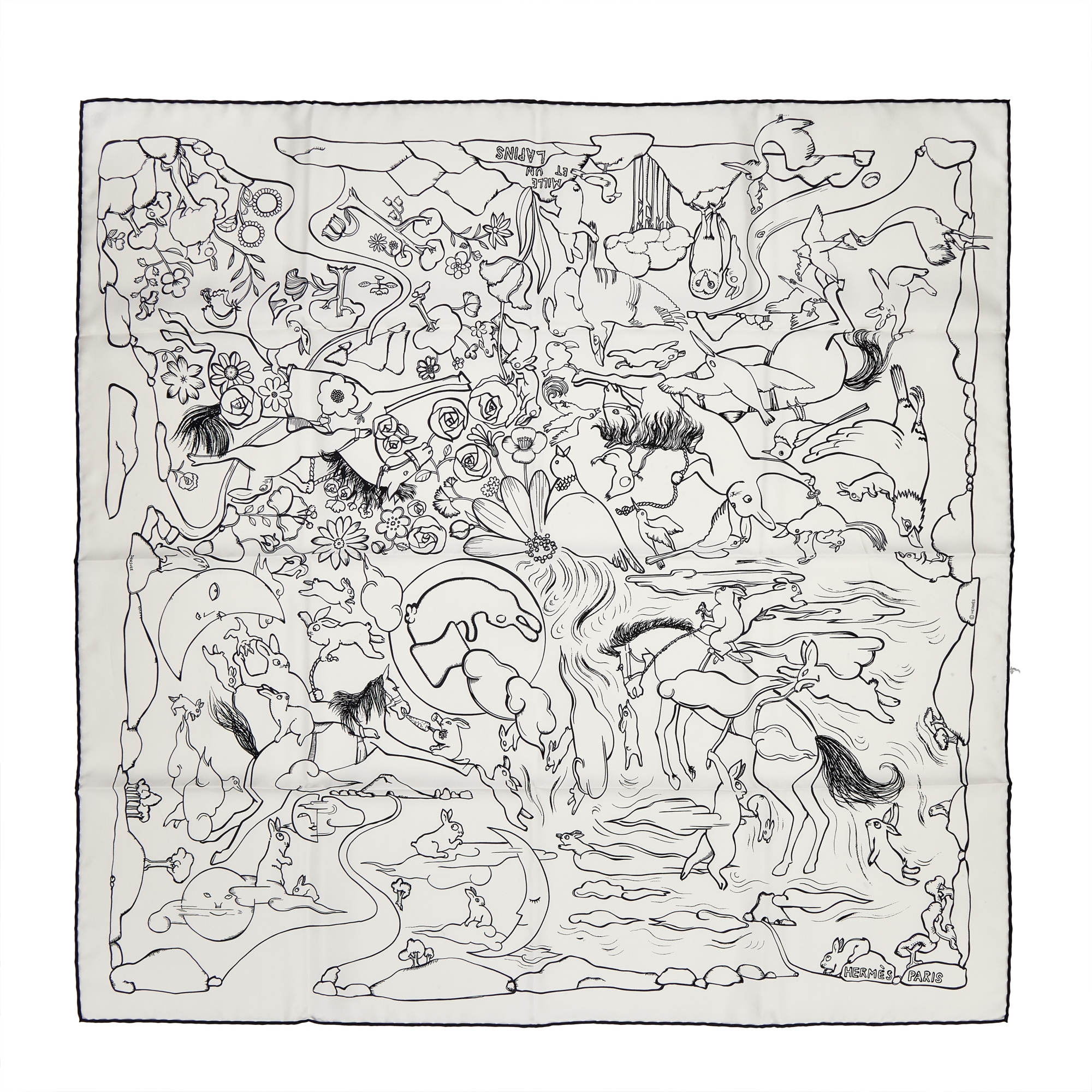 Hermès Black And White Silk Mille Et Un Lapins Scarf 90 And Black