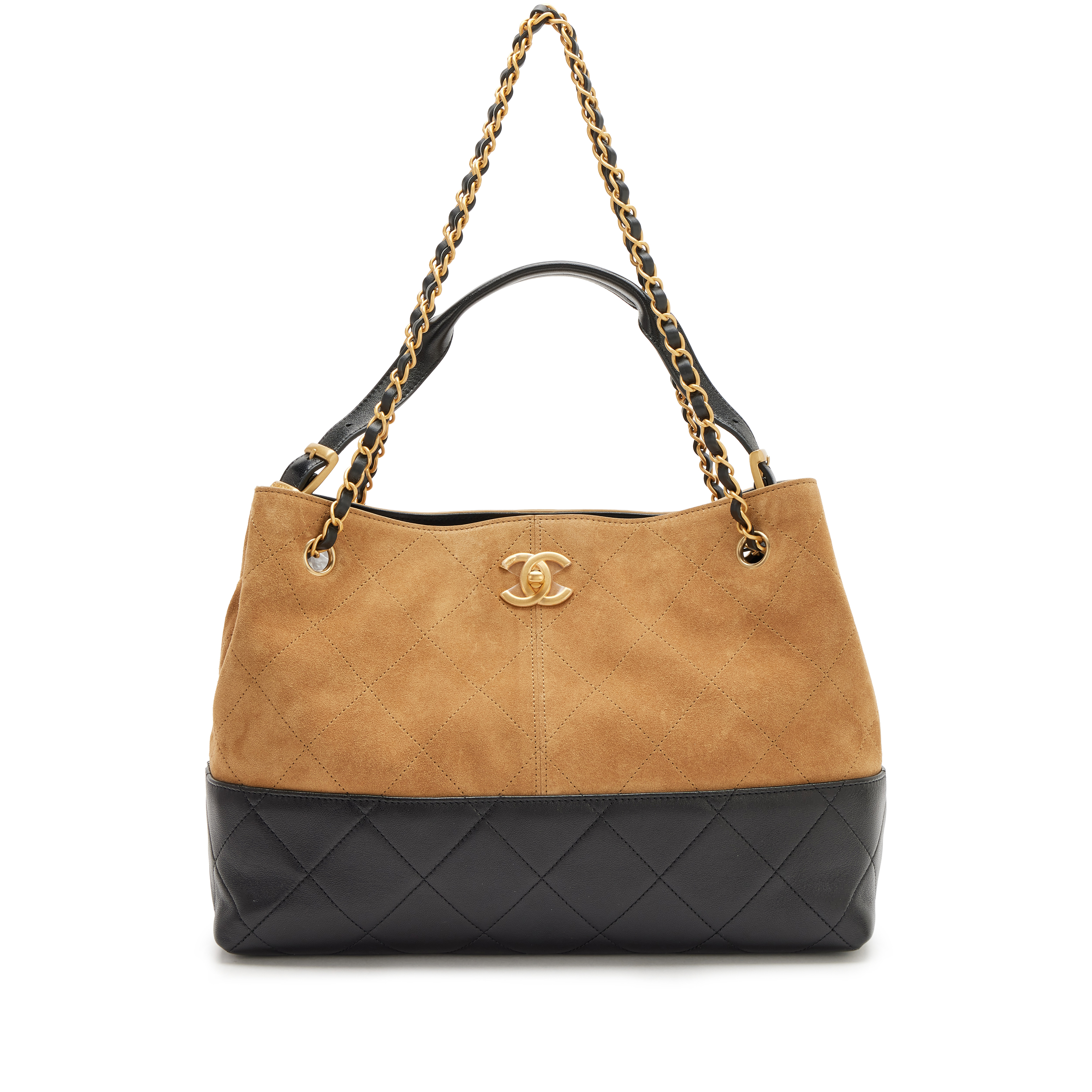 Chanel Beige Suede Calfskin And Black Lambskin Quilted Small