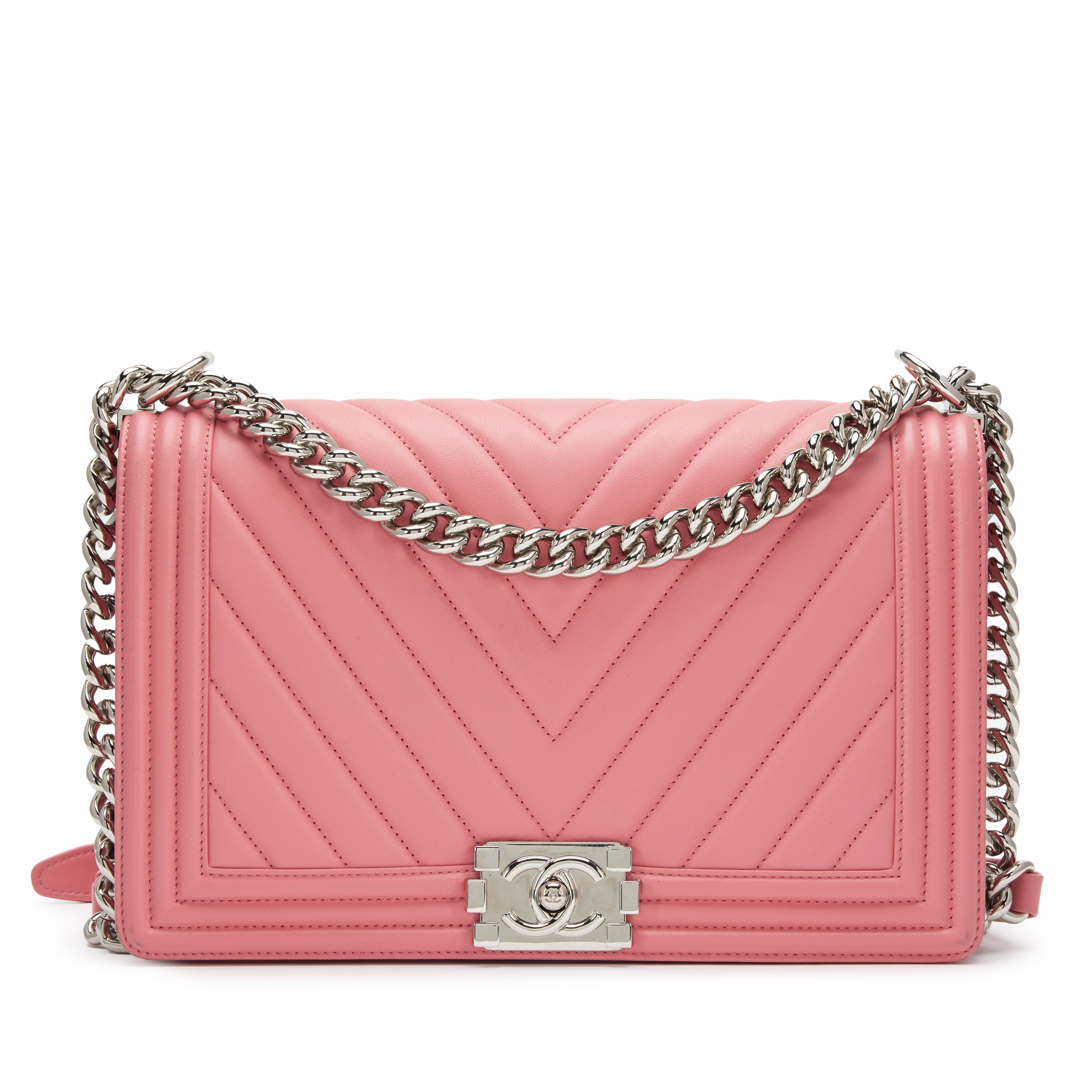 Chanel Pink Quilted Lambskin Chevron Medium Boy Bag Silver
