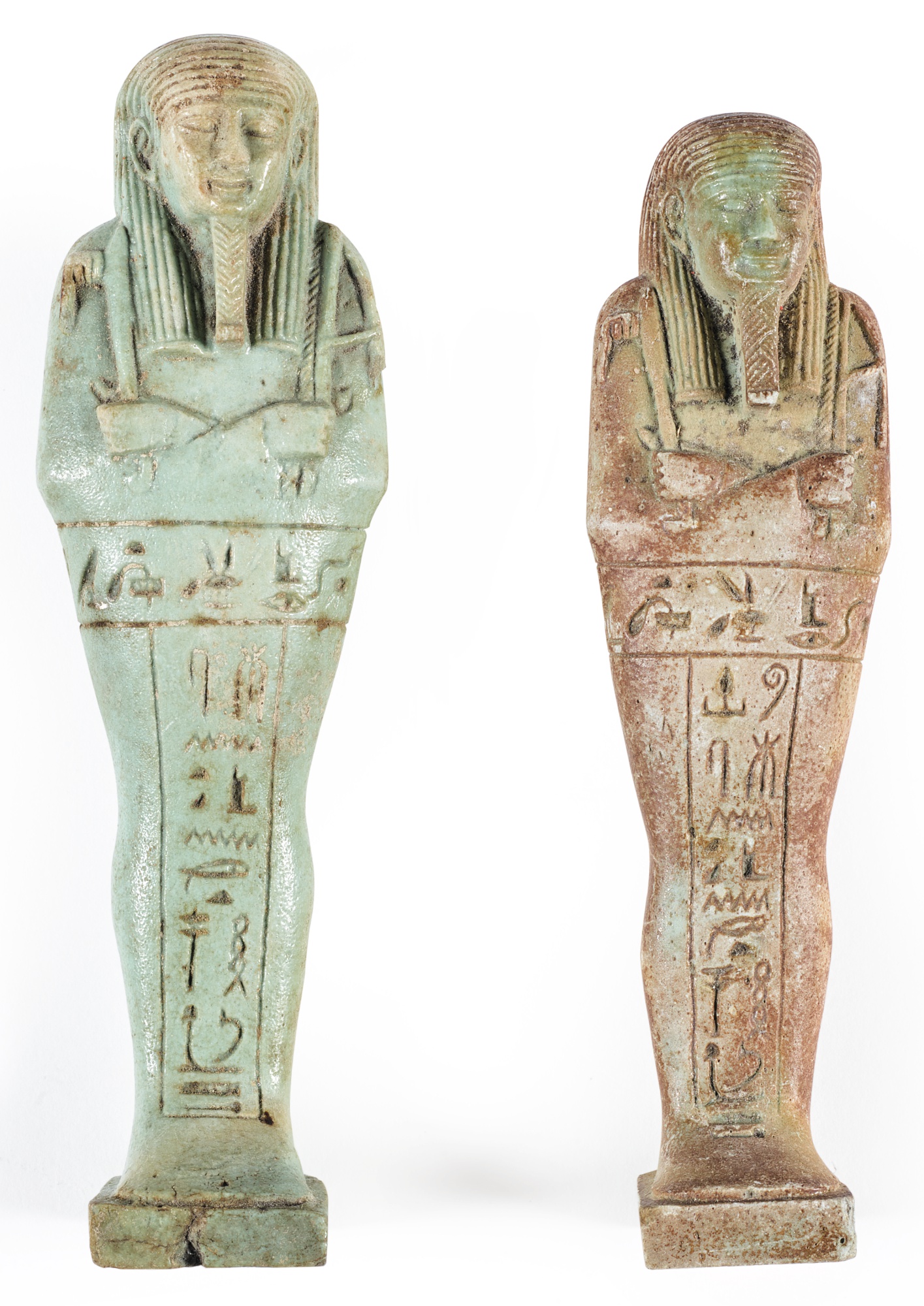 TWO EGYPTIAN GREENGLAZED USHABTIS, 26TH DYNASTY, CIRCA 664525 B.C