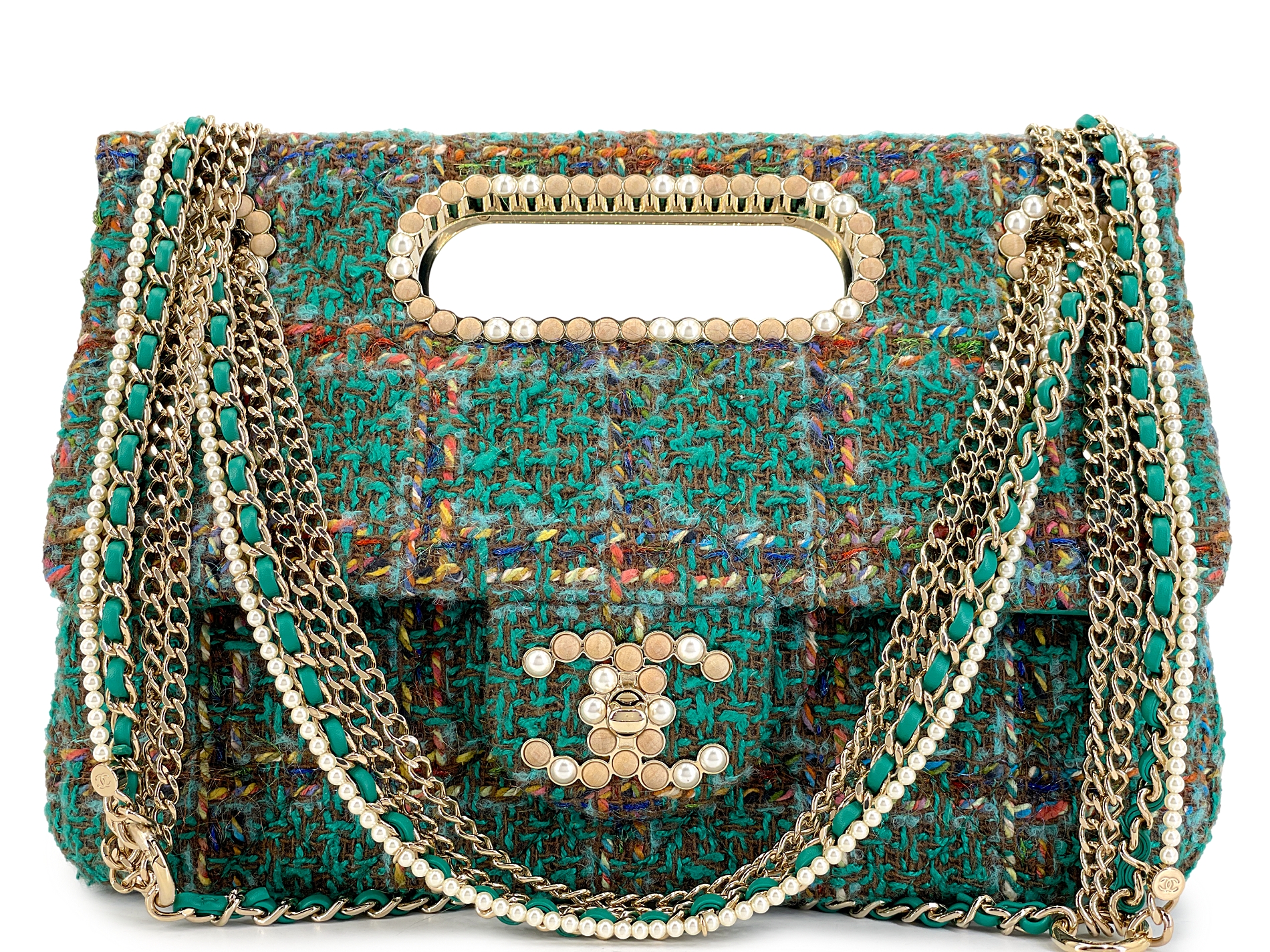 Chanel Green Tweed Pearl Paris-Dakar Wooden Flap Bag Gold Hardware