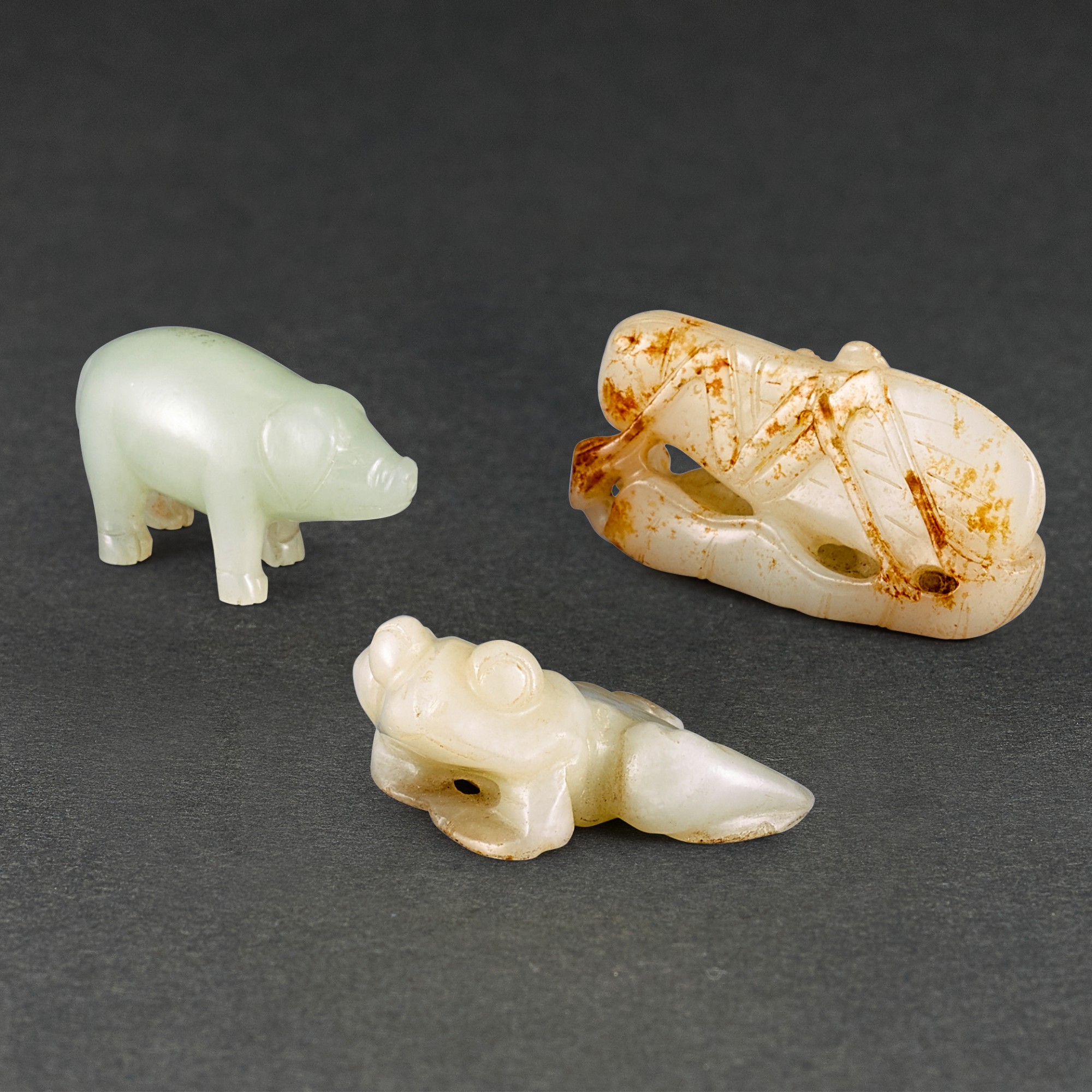 THREE JADE FIGURES OF ANIMALS QING DYNASTY 清 玉雕動物把件一組三件 CHINA