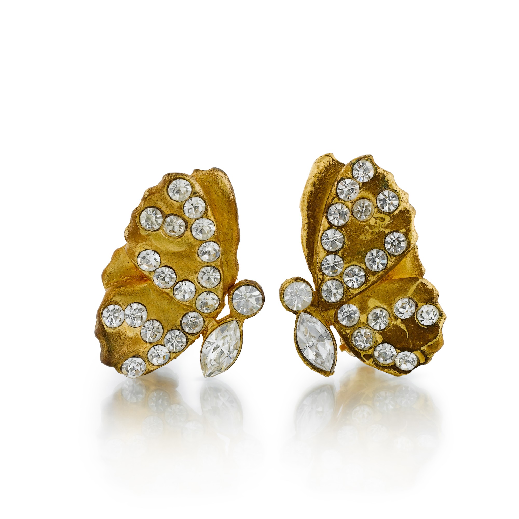 Clips D'Oreilles En Métal Argenté Avec Strass Et Pierres - Signés TS - Occasion Très Bon État