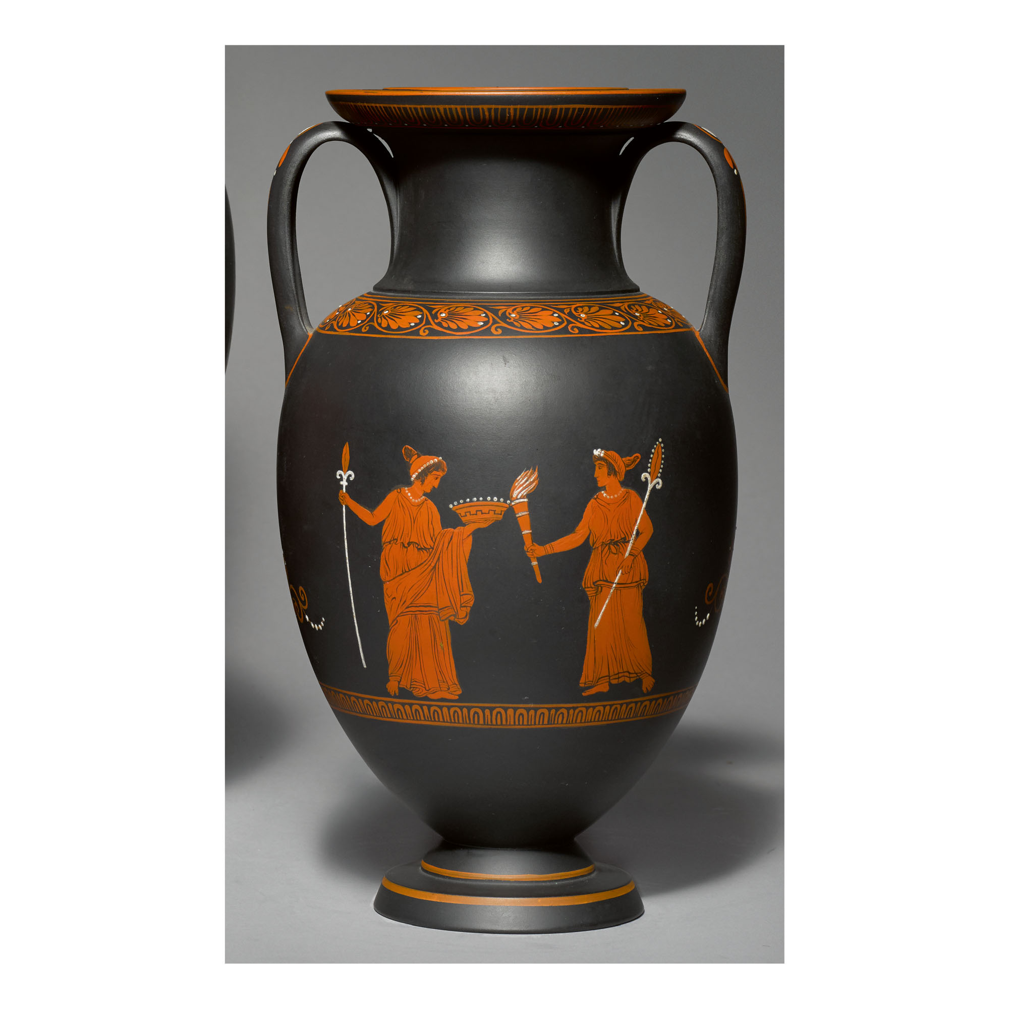 A WEDGWOOD BLACK BASALT 'ENCAUSTIC'DECORATED TWOHANDLED AMPHORA LATE