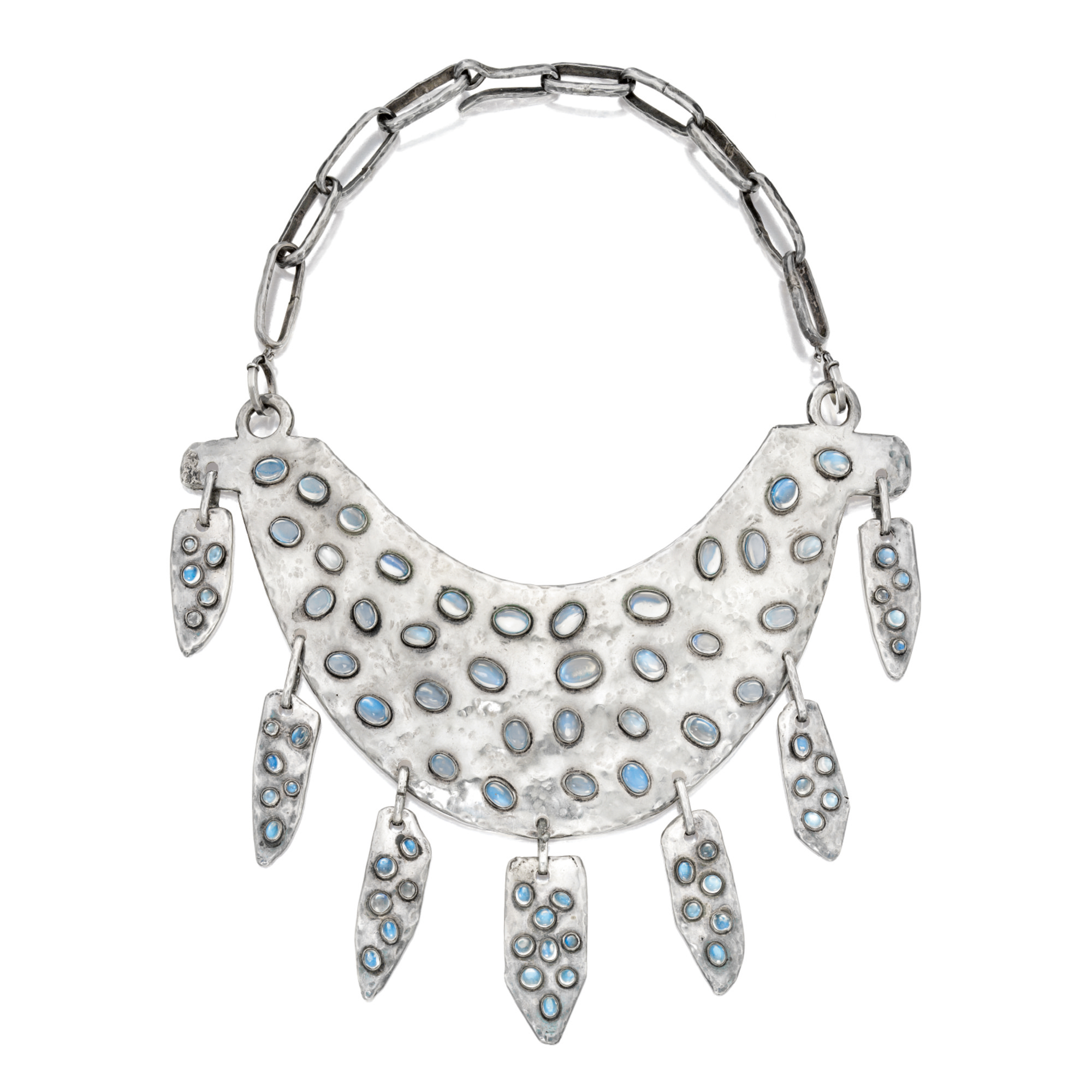 Collier Argent 925 Avec 11 Pierres De Lune Cabochon - Taille Large, Occasion En Très Bon état