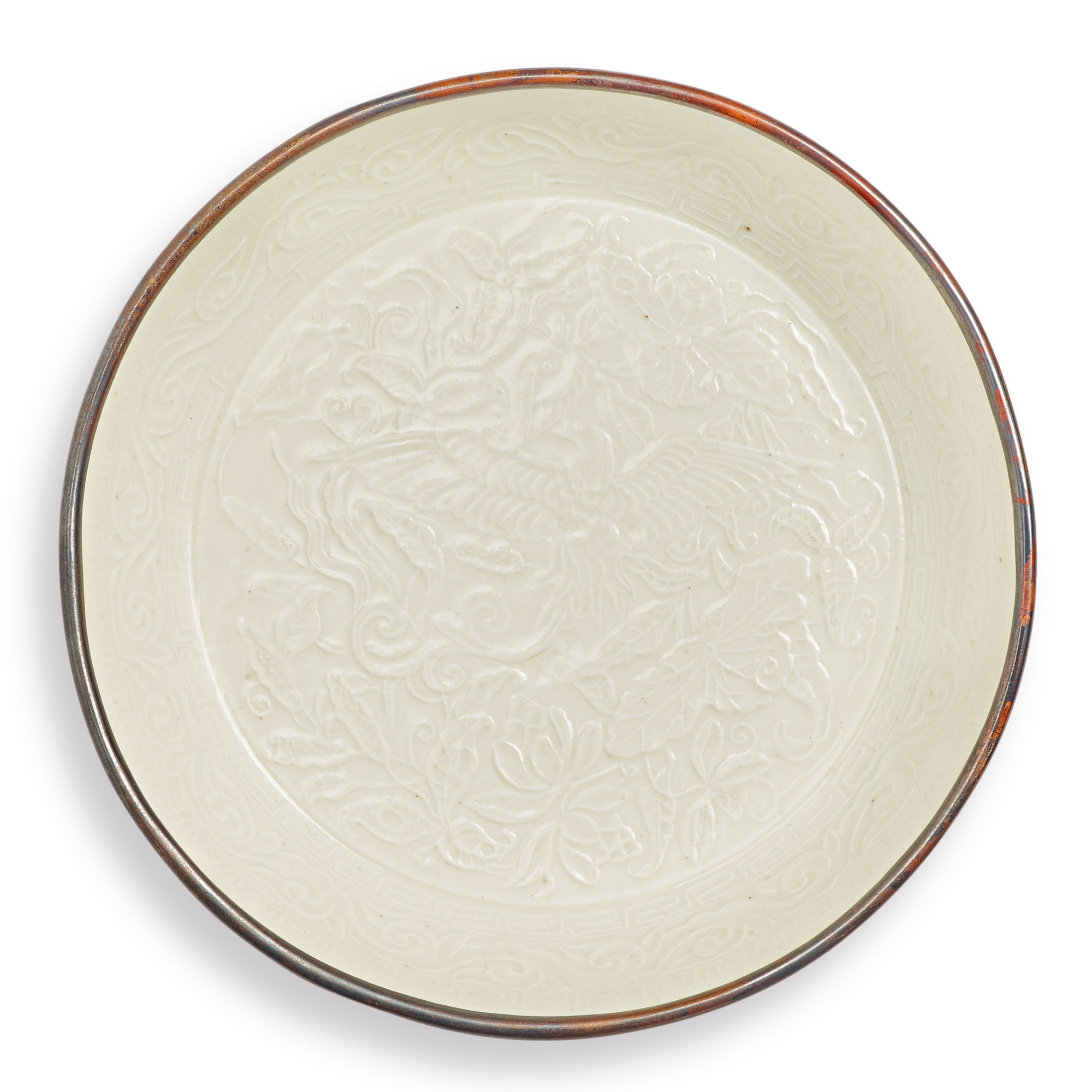 A rare small molded 'Ding' whiteglazed 'mandarin duck' dish, Northern