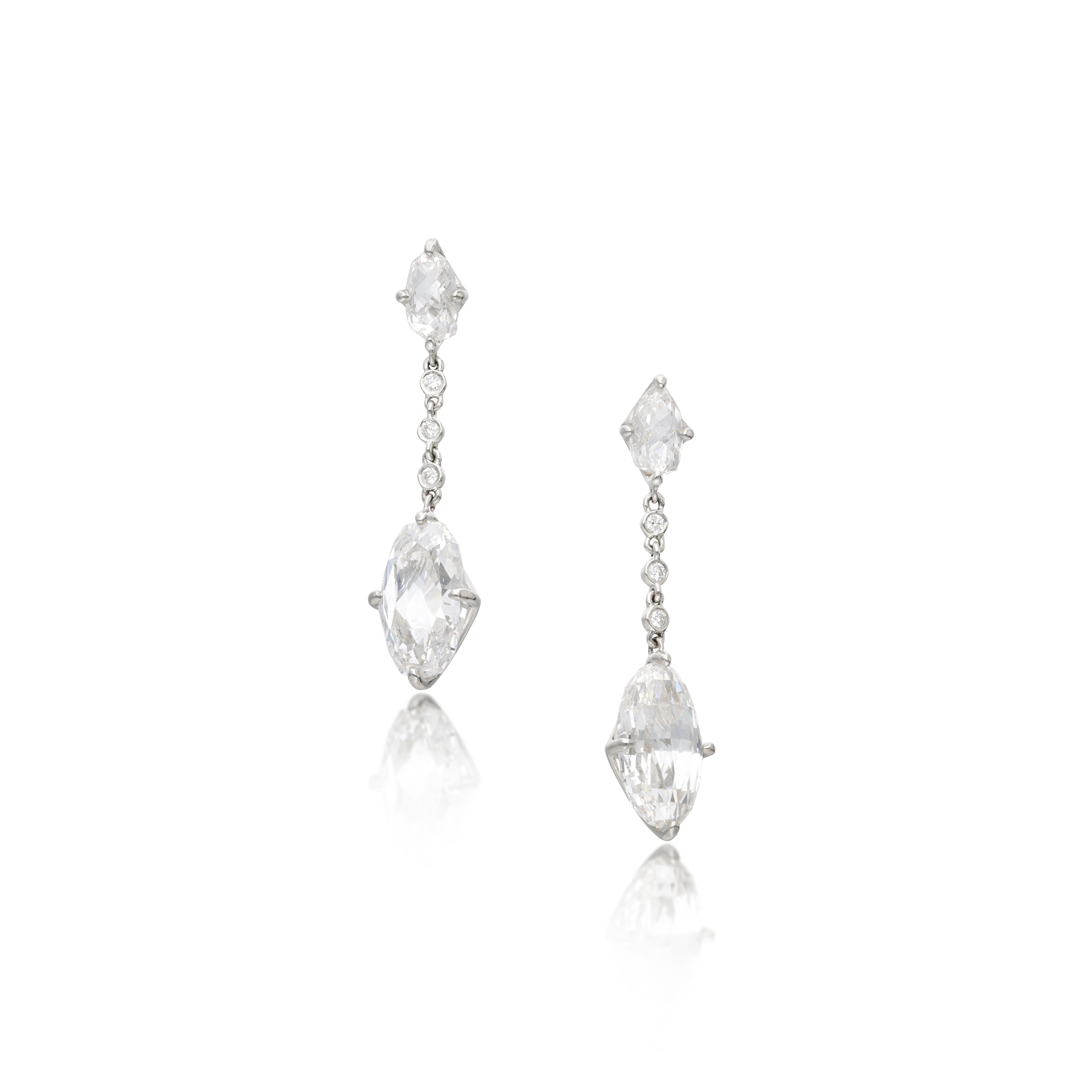 White Gold, Briolette Cut Diamond and Diamond Drop Earrings