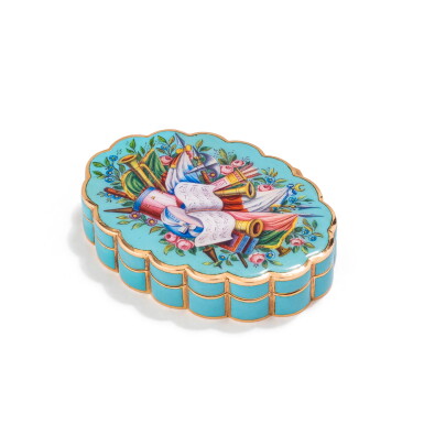 View full screen - View 1 of Lot 305. A gold and enamel snuff box for the Ottoman market, probably Geneva, circa 1845 | Tabatière en or et émail pour le marché ottoman, probablement Genève, vers 1845.