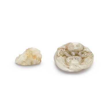 View full screen - View 1 of Lot 401. Two white jade pendants, Qing dynasty 清 白玉年年有餘珮 及 白玉松鹿延年珮.