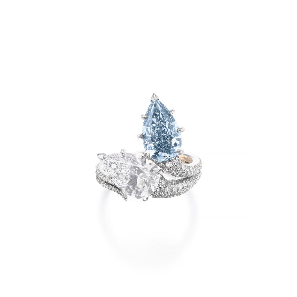 View full screen - View 1 of Lot 608. Important Fancy Intense Blue diamond and diamond ring, 'Duet', circa 2011.