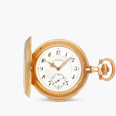 View full screen - View 1 of Lot 2318. A pink gold hunting case minute repeating keyless lever watch with enamel dial, Circa 1915.