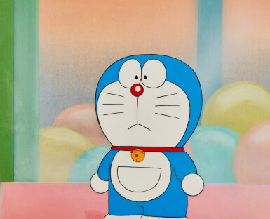 View full screen - View 1 of Lot 85. Doraemon Standing in Awe Animation Cels with Hand-painted Original Background | 驚訝站著的哆啦A夢賽璐璐,附手繪原裝背景.