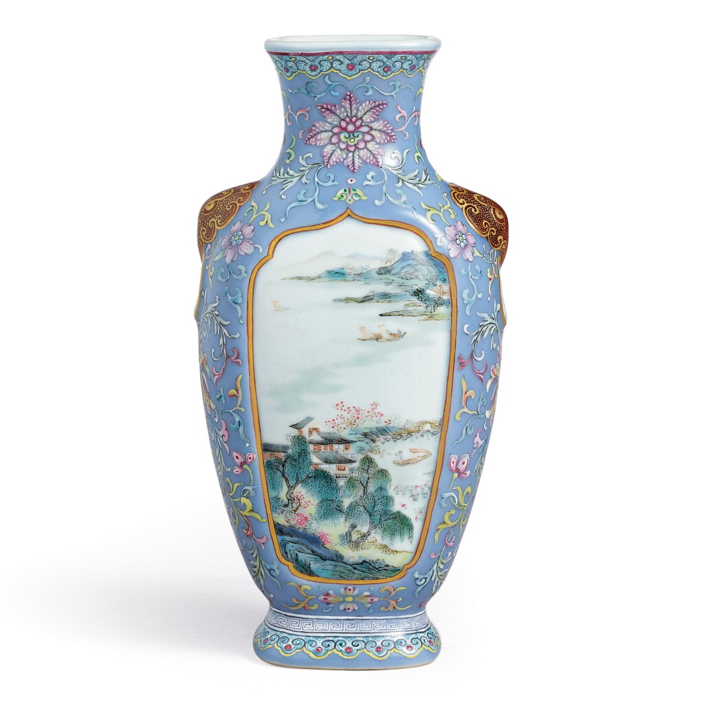 View full screen - View 1 of Lot 3626. AN IMPERIAL INSCRIBED BLUE-GROUND FAMILLE-ROSE 'LANDSCAPE' VASE QING DYNASTY, QIANLONG PERIOD | 清乾隆 御製粉彩淺藍地開光山水題詩瓶.