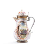 A Meissen porcelain coffee pot and cover, with silver-gilt mounts, circa 1725, the mounts Elias Adam, Augsburg