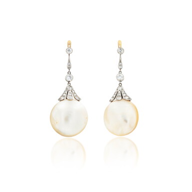 View full screen - View 1 of Lot 13. Paire de pendants d'oreille perles blister et diamants | Pair of blister pearls and diamond pendent earrings.