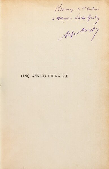 View full screen - View 1 of Lot 252. Cinq années de ma vie. 1901. Ed. originale. Exemplaire sur Japon, avec envoi à Guitry. L.a.s. à Guitry.