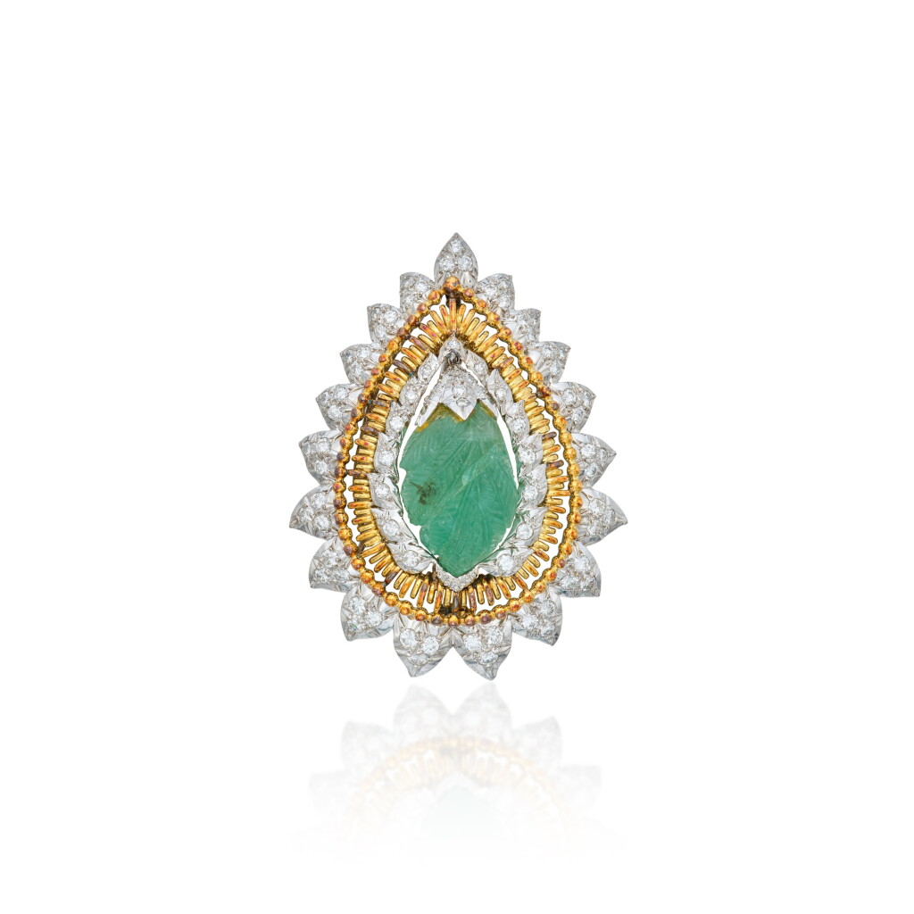 View full screen - View 1 of Lot 224. Gold, Emerald and Diamond Pendant-Brooch.