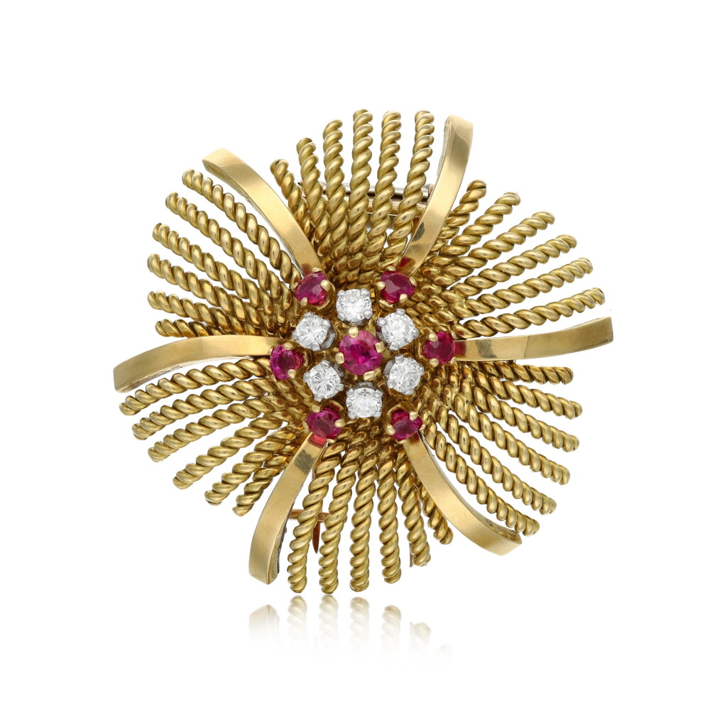 View full screen - View 1 of Lot 136. Ruby and diamond brooch, 1950s.